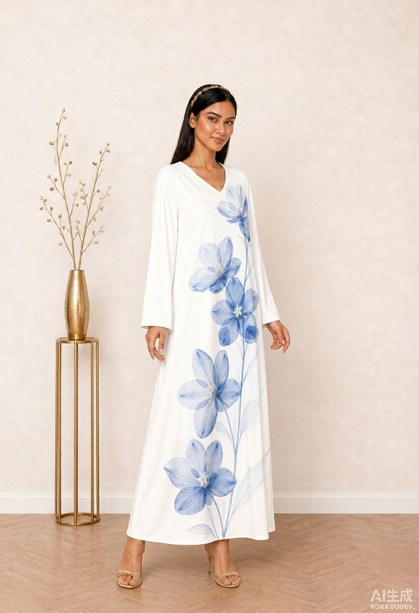 White Blue Floral Print V-Neck Long Sleeve Maxi Jalabiya