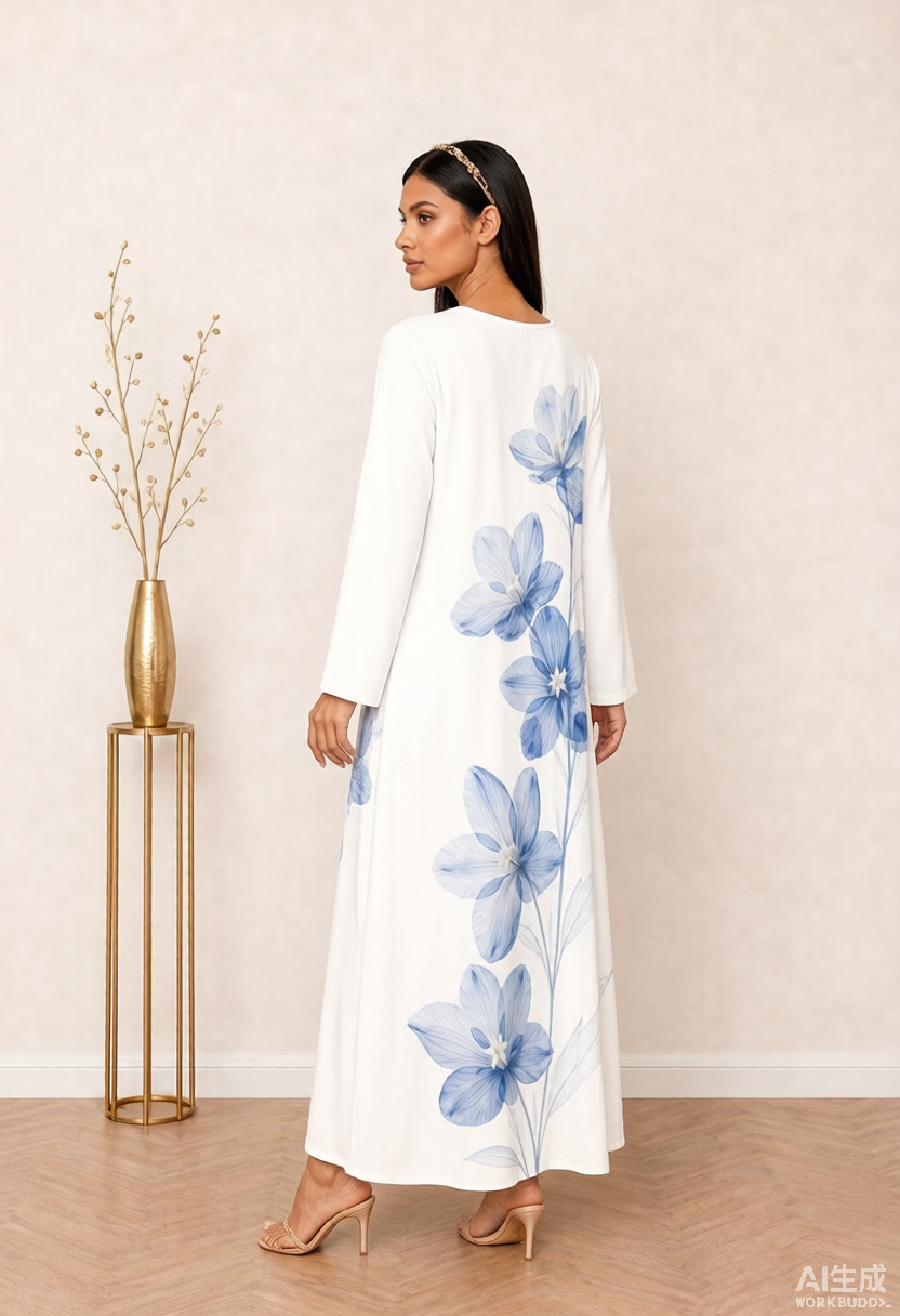 White Blue Floral Print V-Neck Long Sleeve Maxi Jalabiya