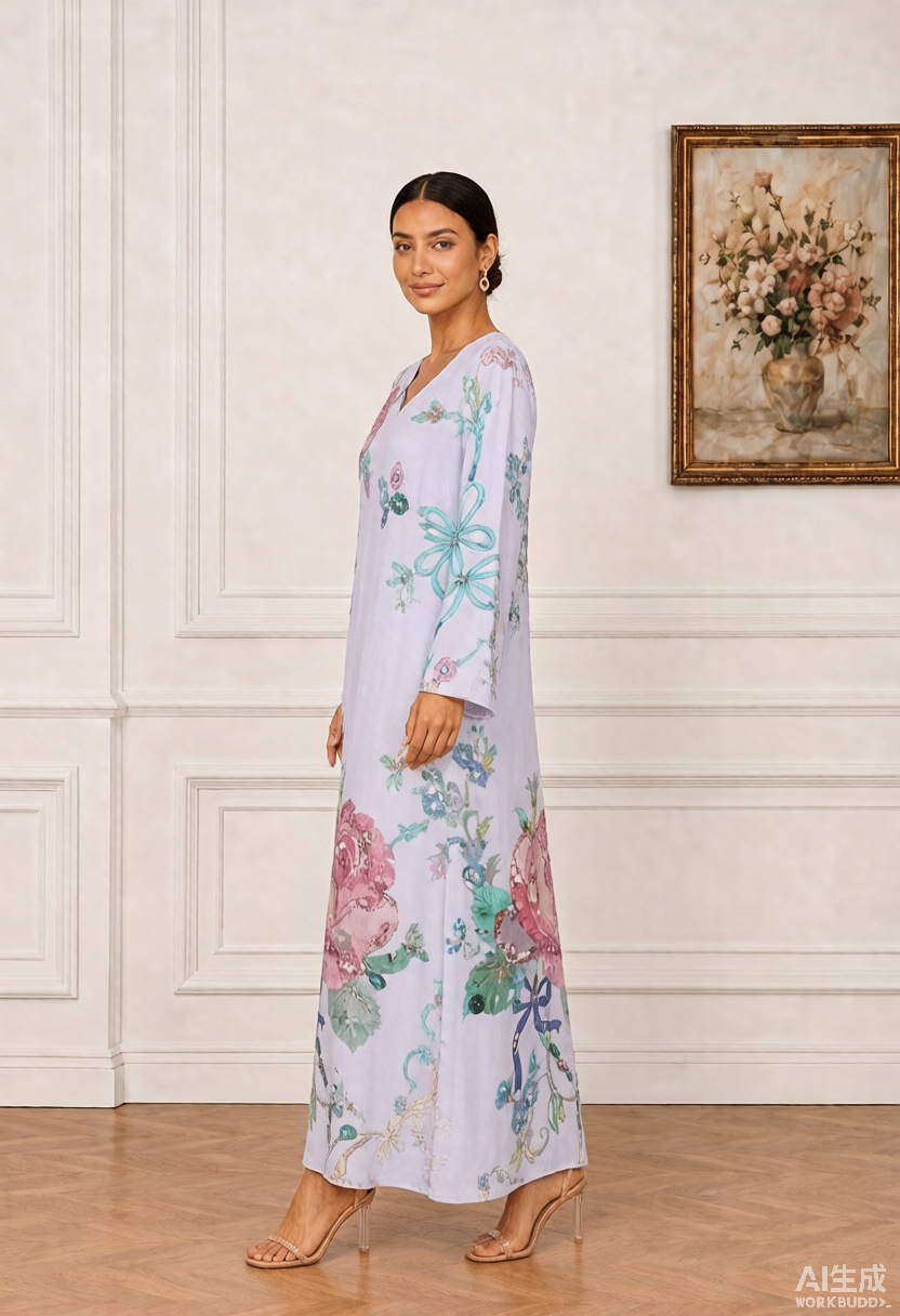 جلابية طويلة بأكمام طويلة وطبعة زهور باللون الخزامى