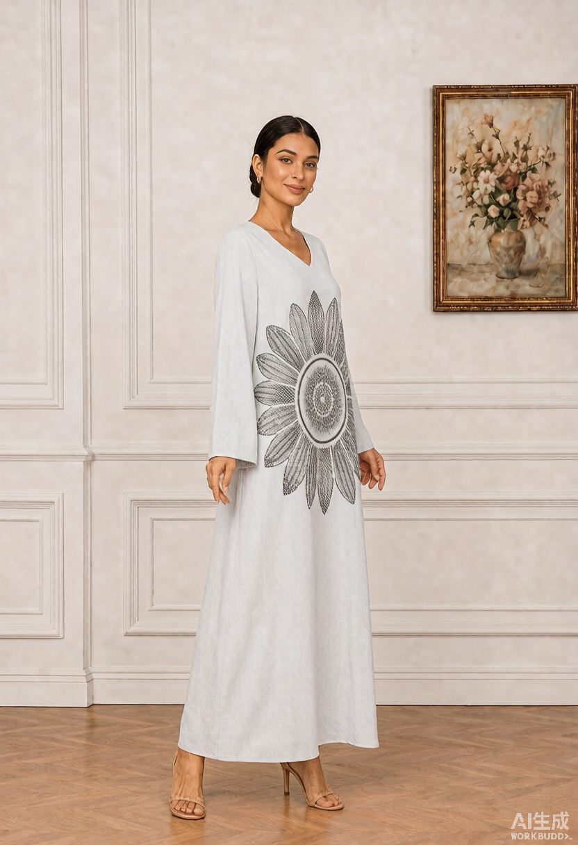 Grey Medallion Print V-Neck Long Sleeve Maxi Jalabiya