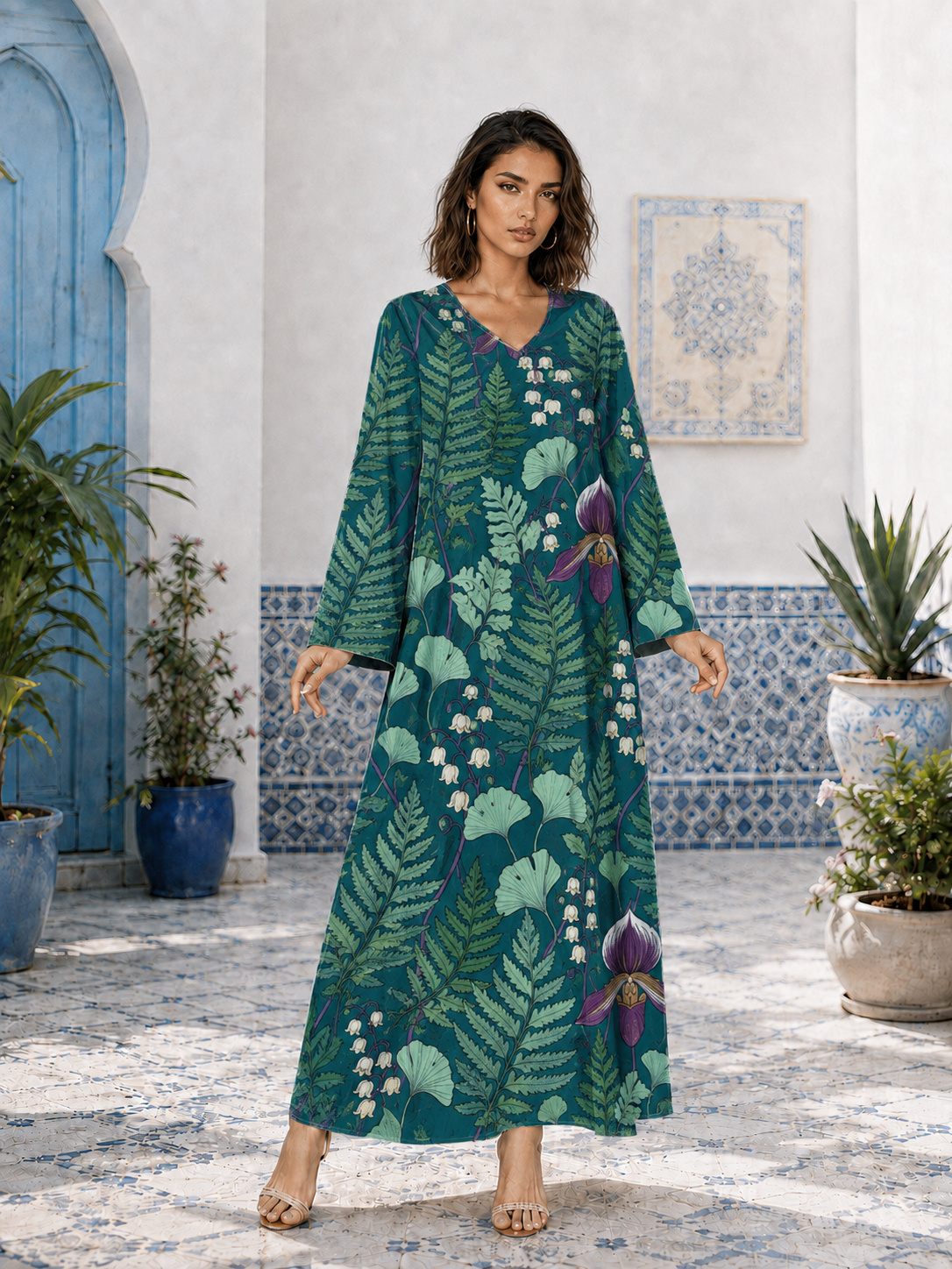 Leaf Floral Print V-Neck Long Sleeve Maxi Jalabiya