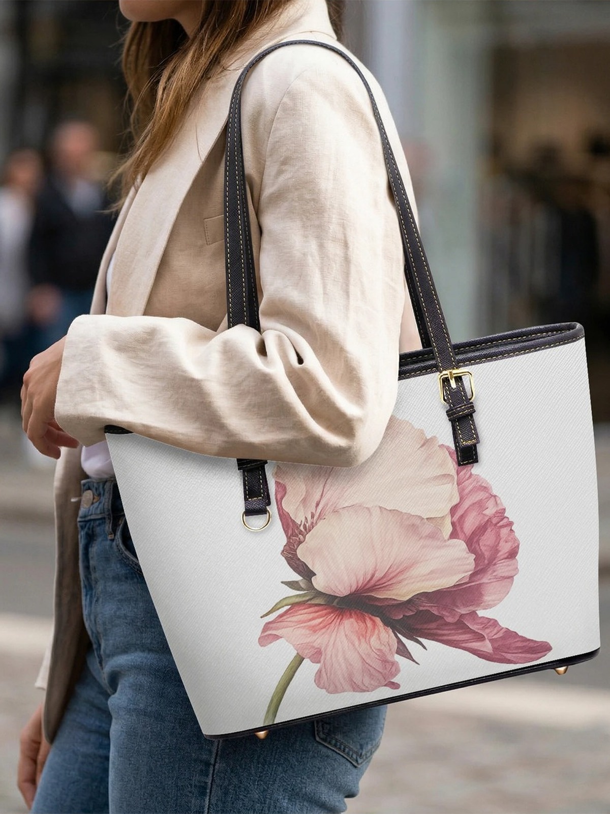 Vintage Pink Peony Print Tote Shoulder Bag