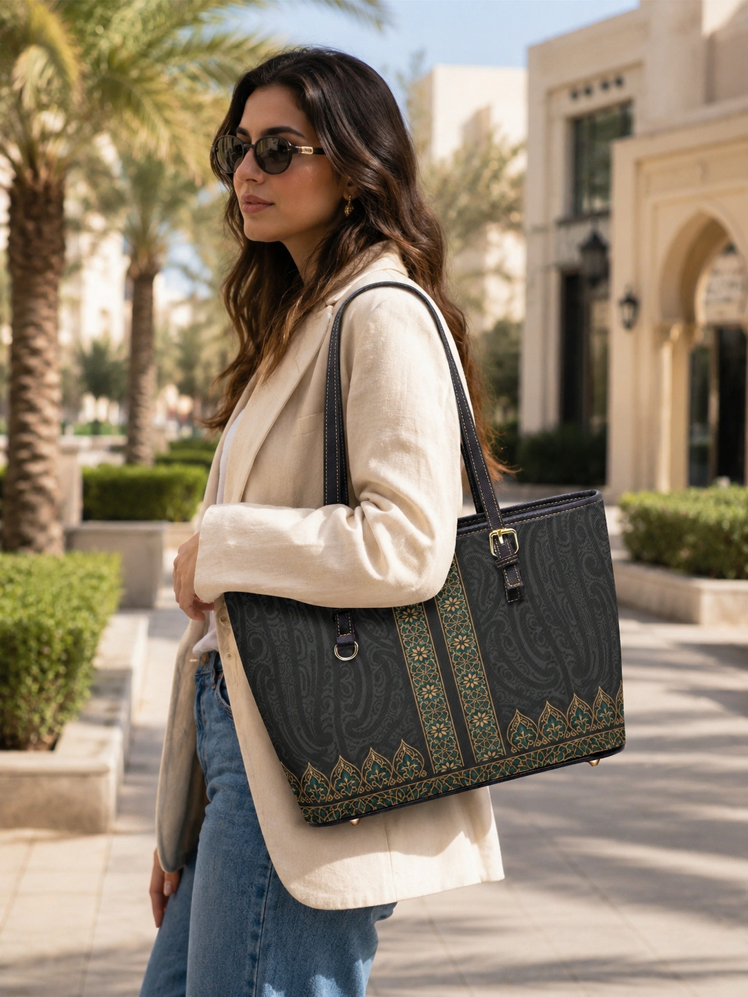 Black Shoulder Bag with Geometric Pattern