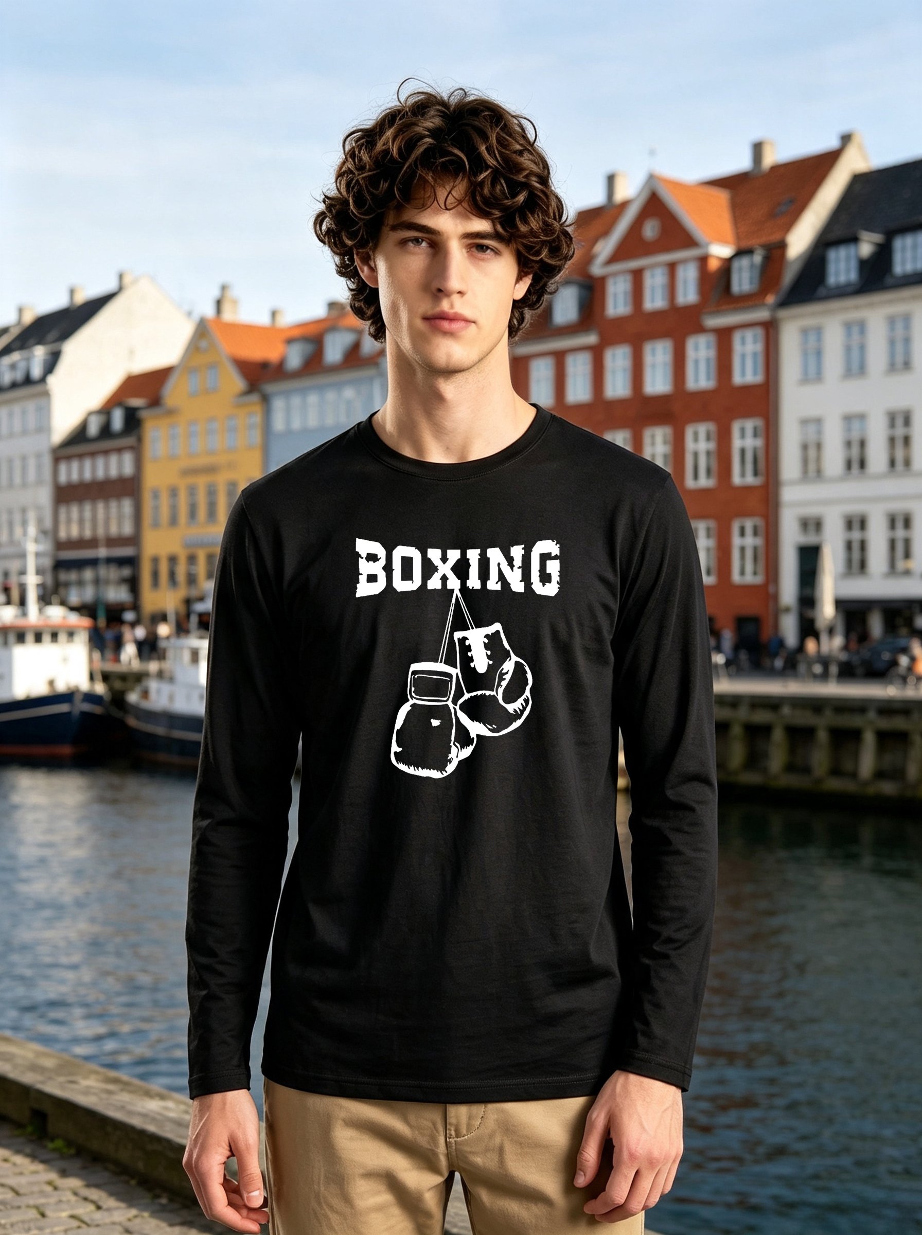 Men Black Boxing Graphic Long Sleeve T-Shirt