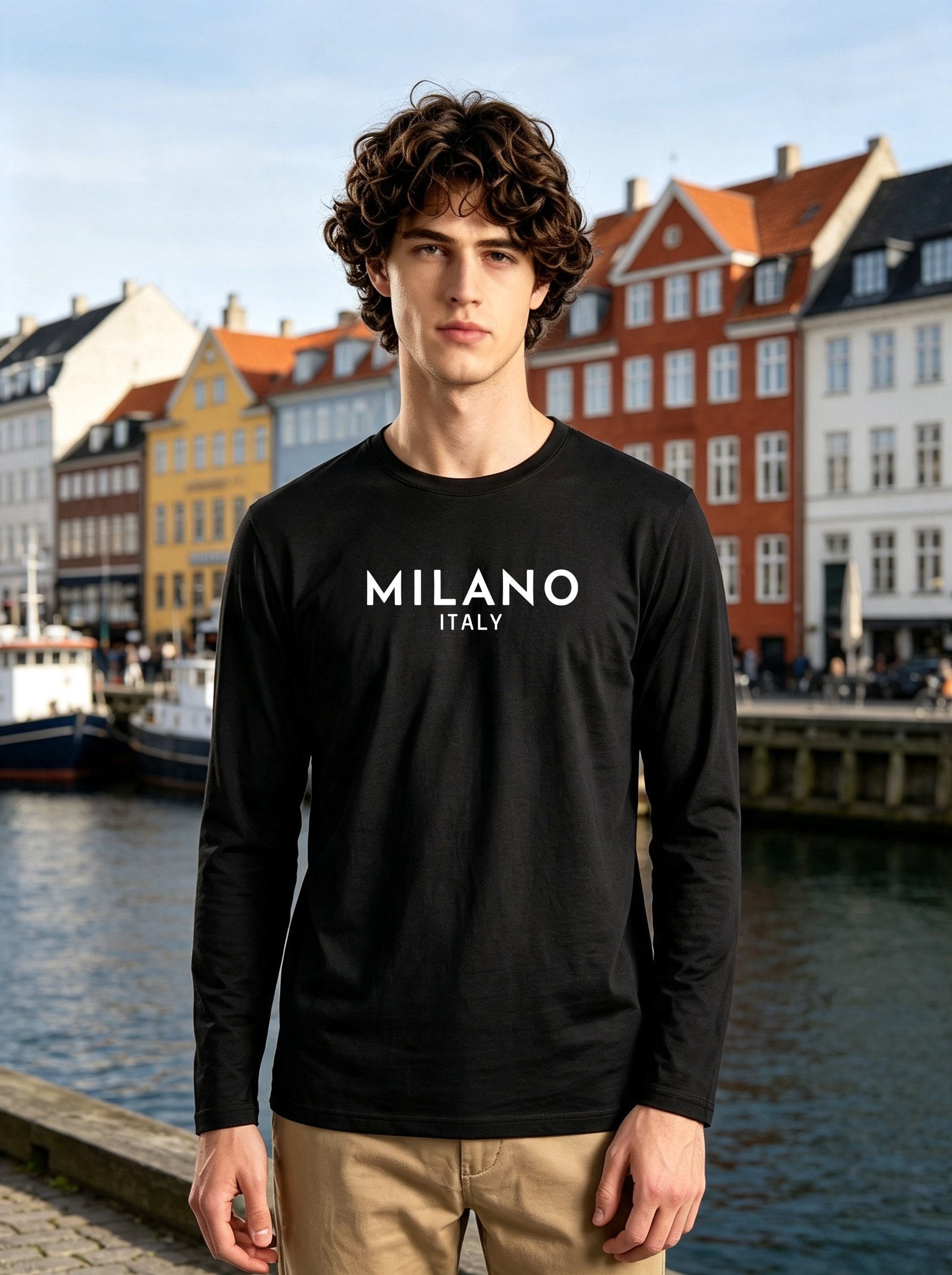 Men Black Milano Italy Graphic Print Long Sleeve T-Shirt
