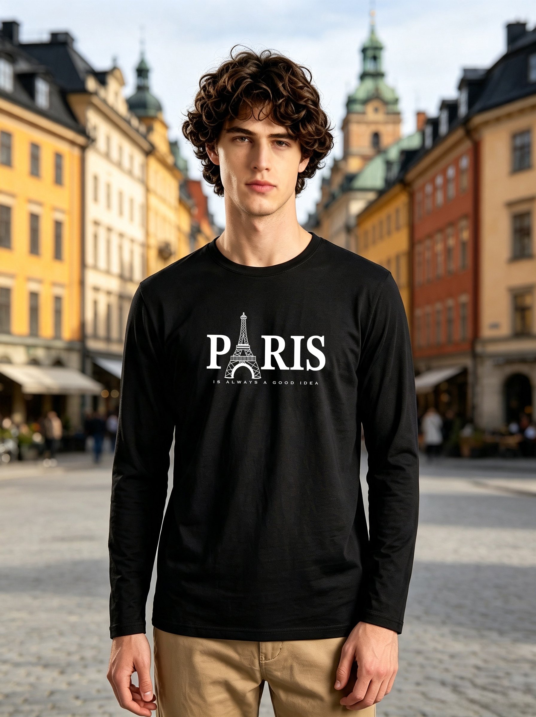 Men Black Paris Graphic Round Neck Long Sleeve T-Shirt