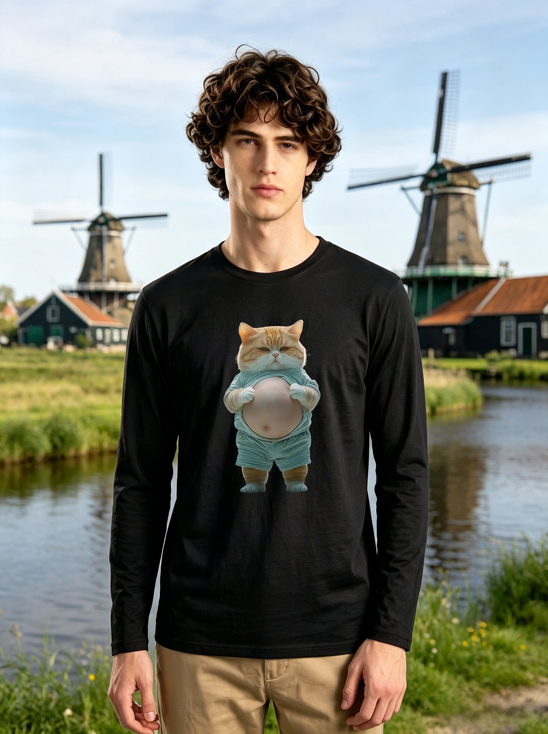 Men Black Graphic Long Sleeve Round Neck T-Shirt