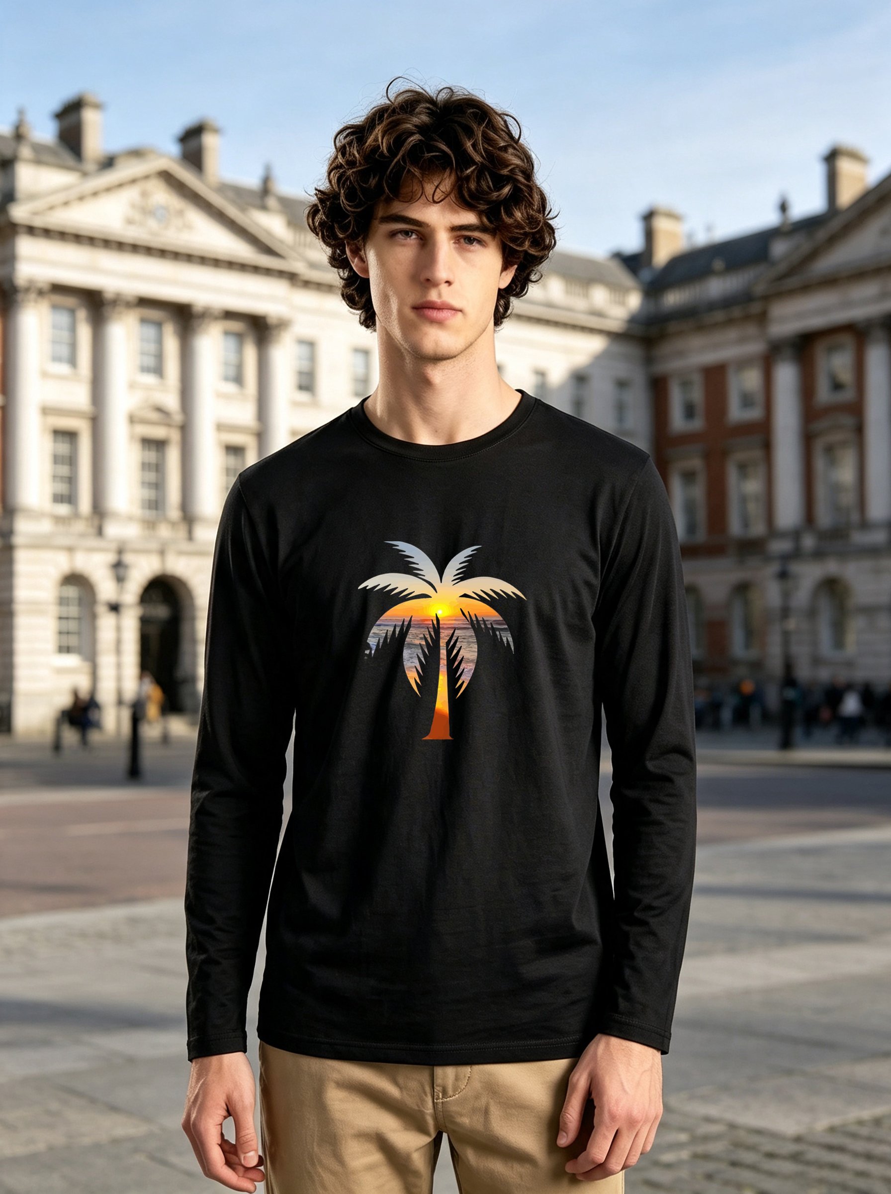 Men Black Graphic Palm Tree Long-Sleeve Regular Fit T-Shirt