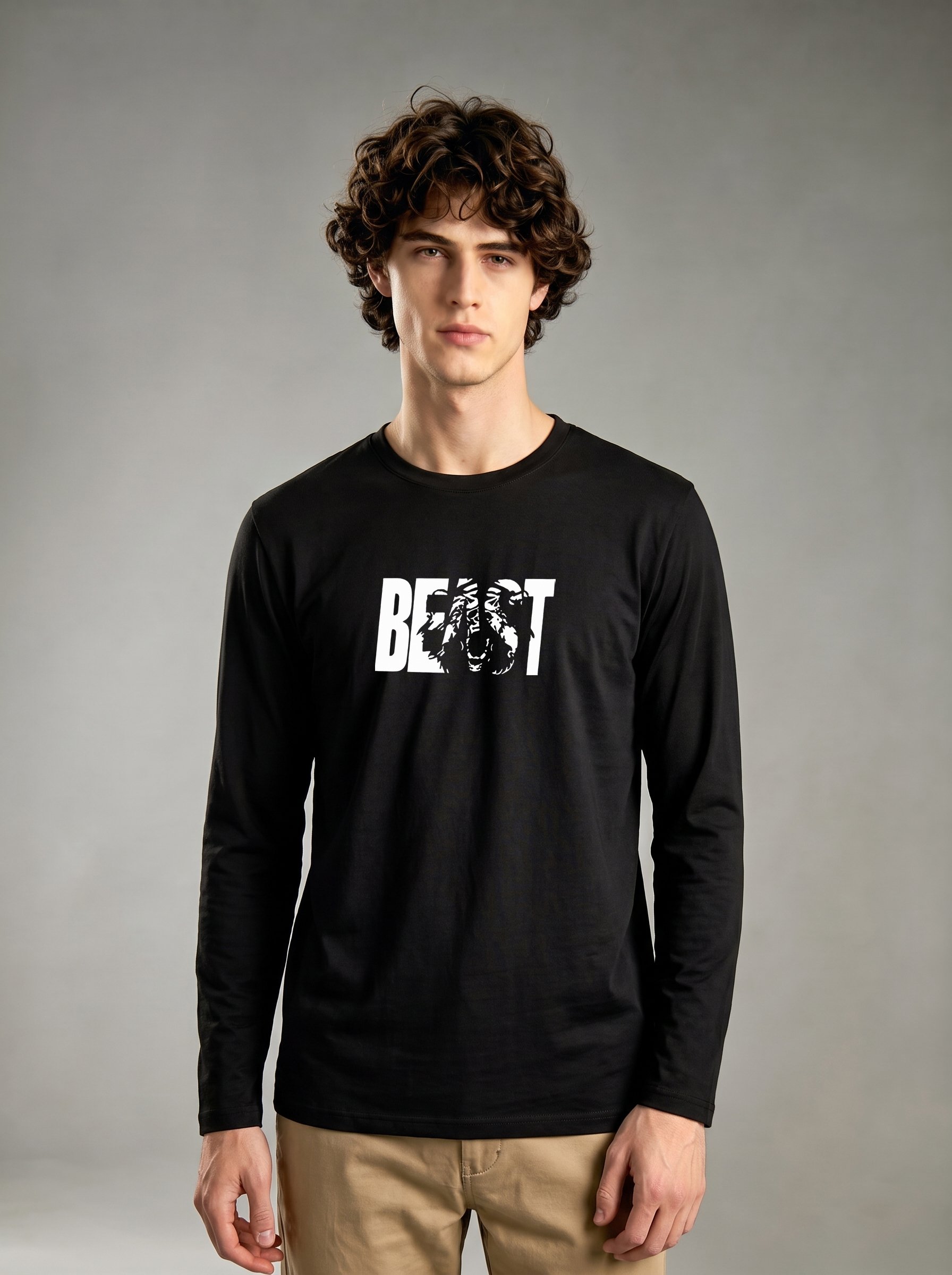 Men Black Graphic Long-Sleeve Regular Fit Round Neck T-Shirt