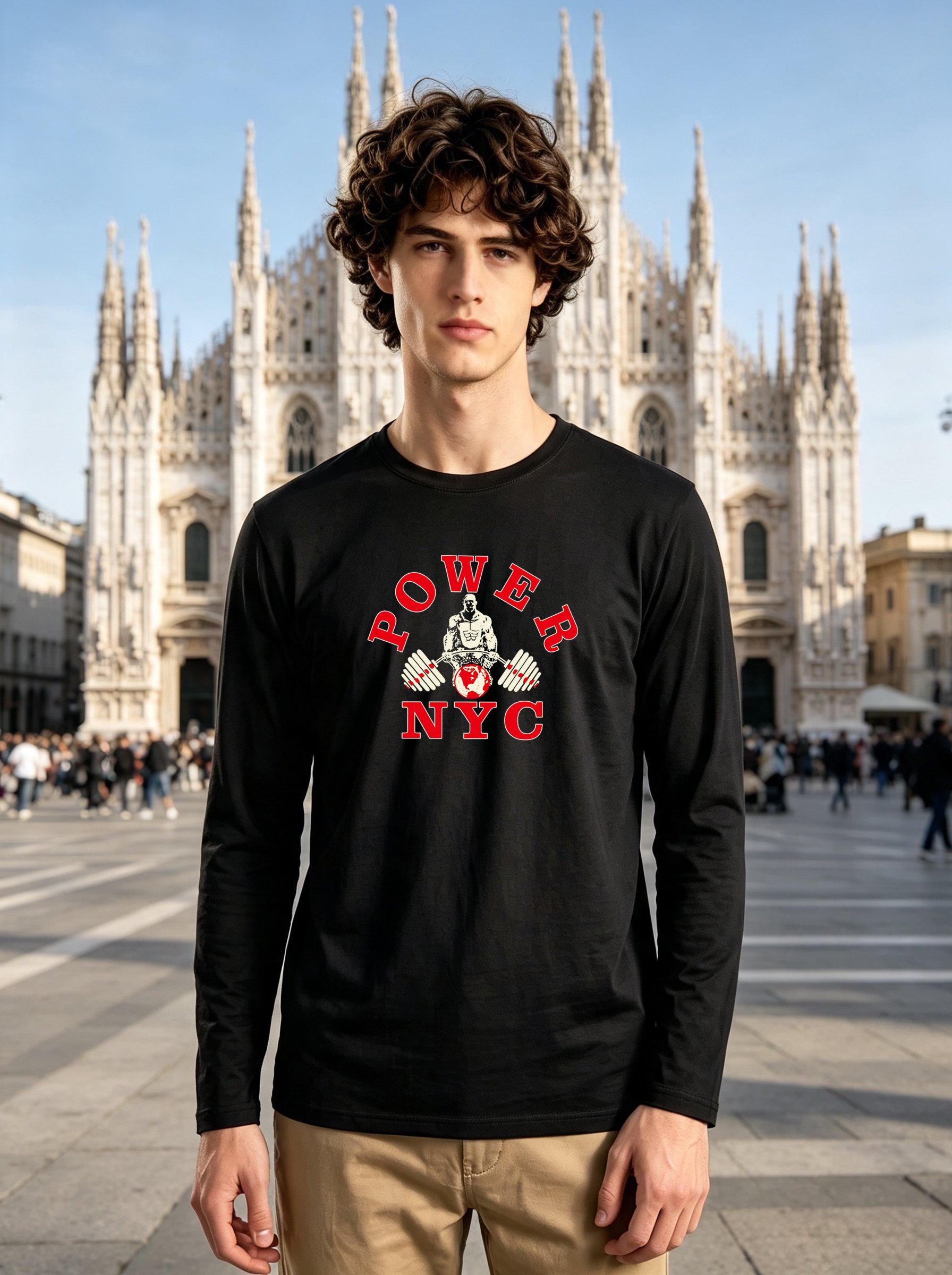 Men Black Power NYC Graphic Print Long Sleeve T-Shirt