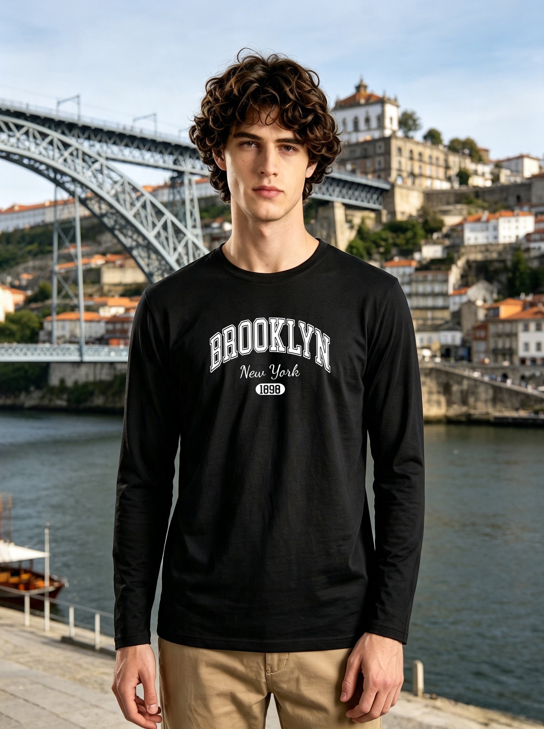 Men Black Brooklyn Graphic Long Sleeve T-Shirt