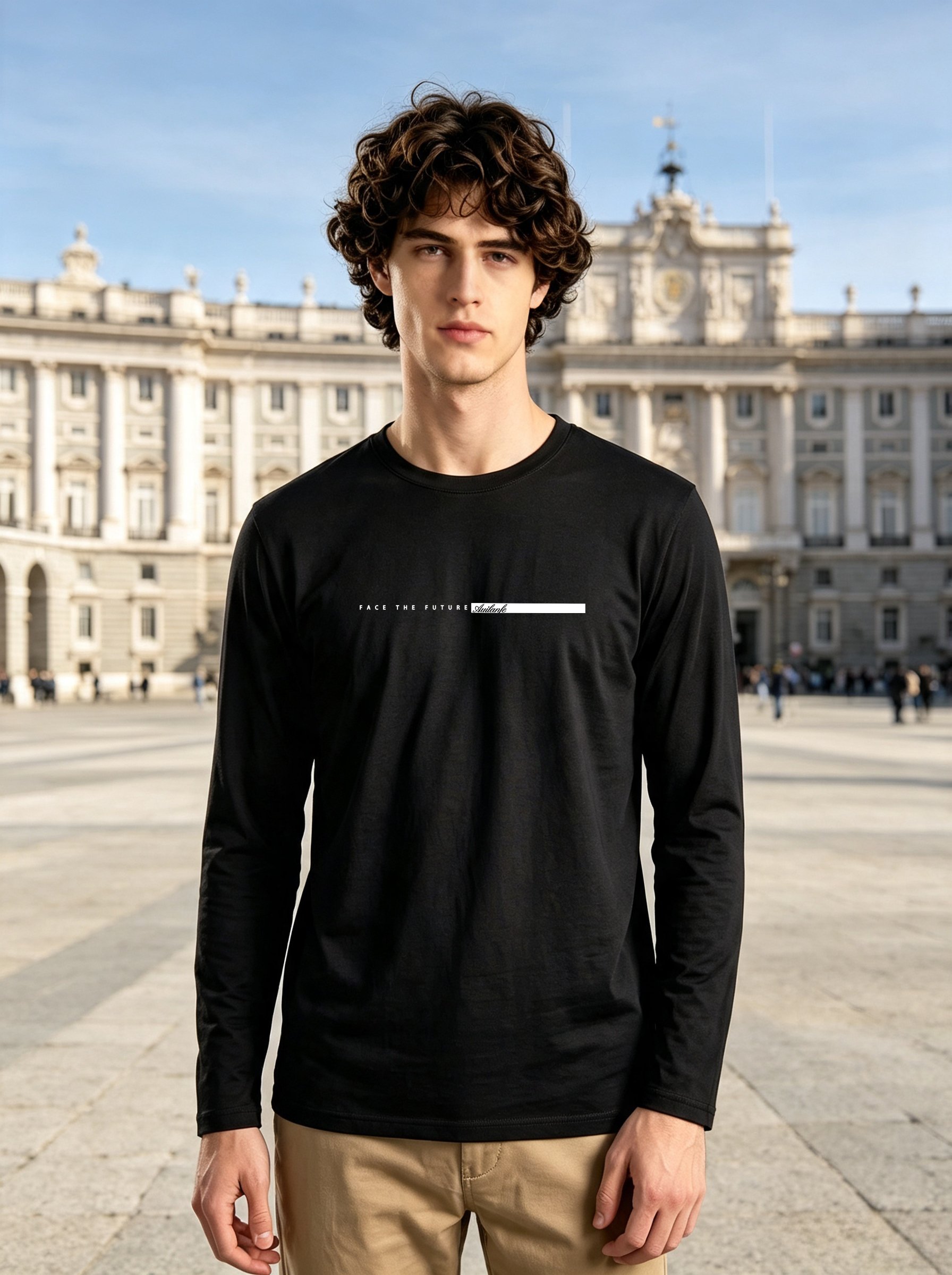 Men Black Graphic Long-Sleeve Round Neck T-Shirt