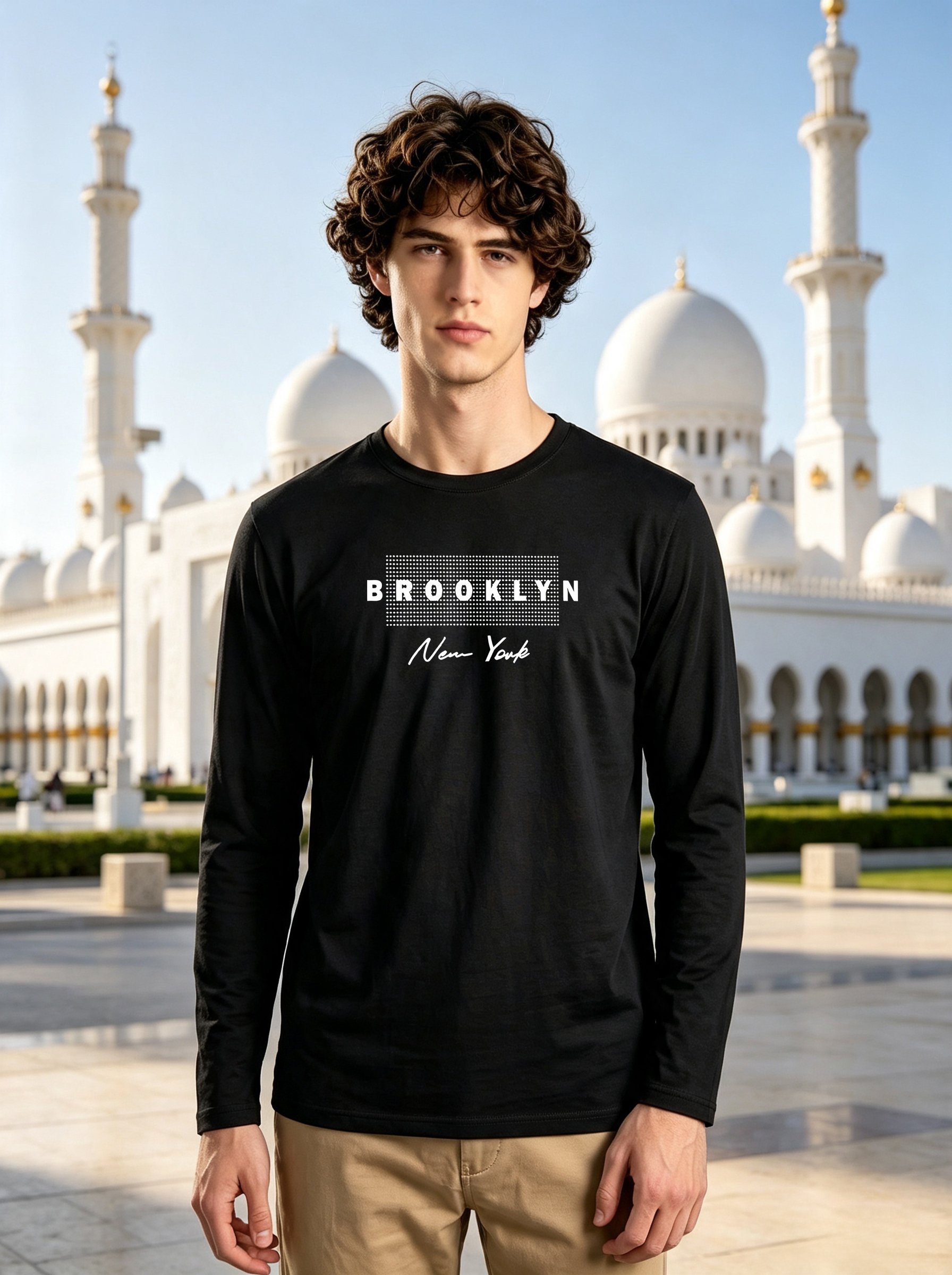 Men Black Long Sleeve Brooklyn New York Graphic Print T-Shirt