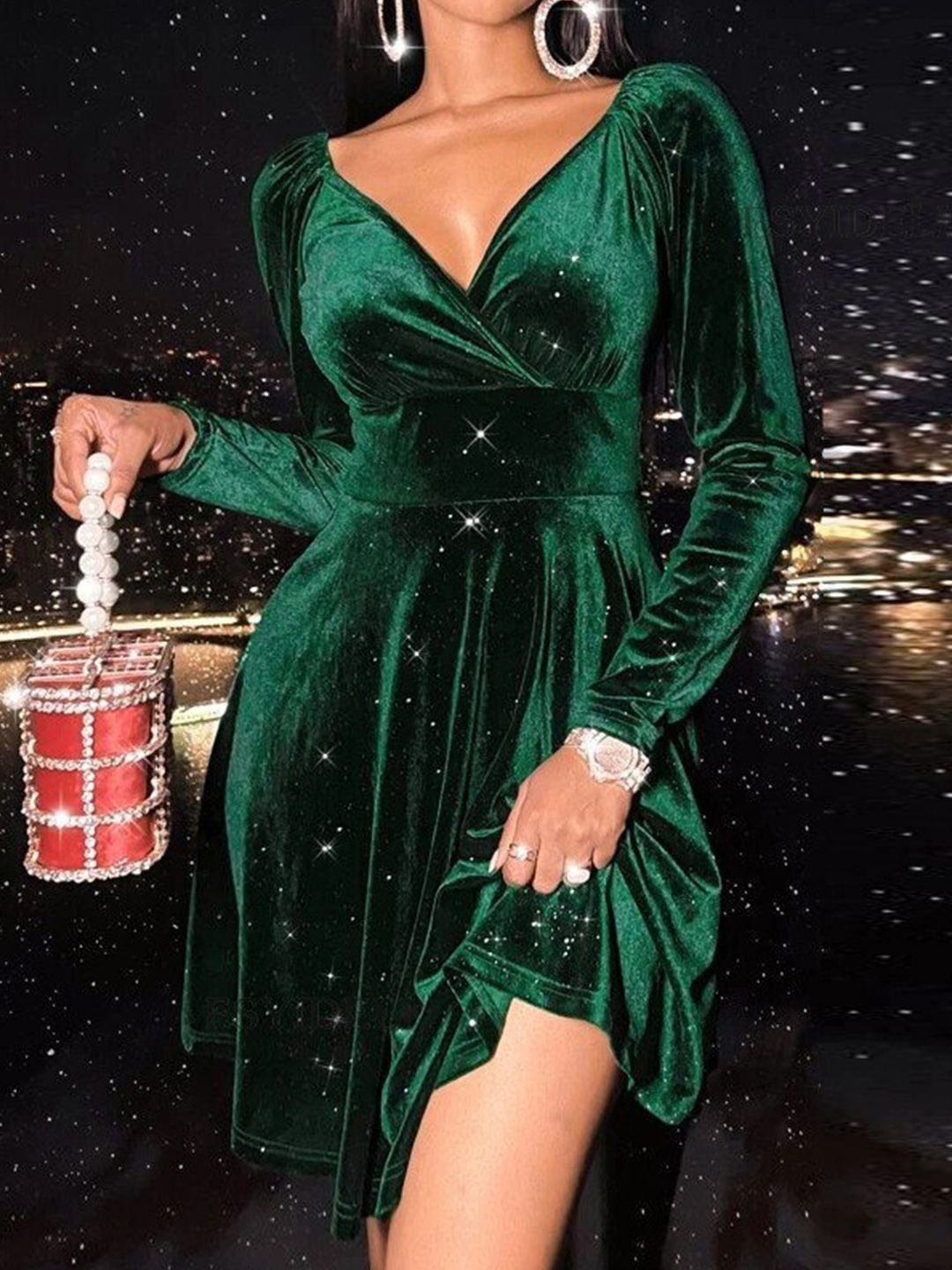 Emerald Velvet Long Sleeve Fit and Flare Midi Dress