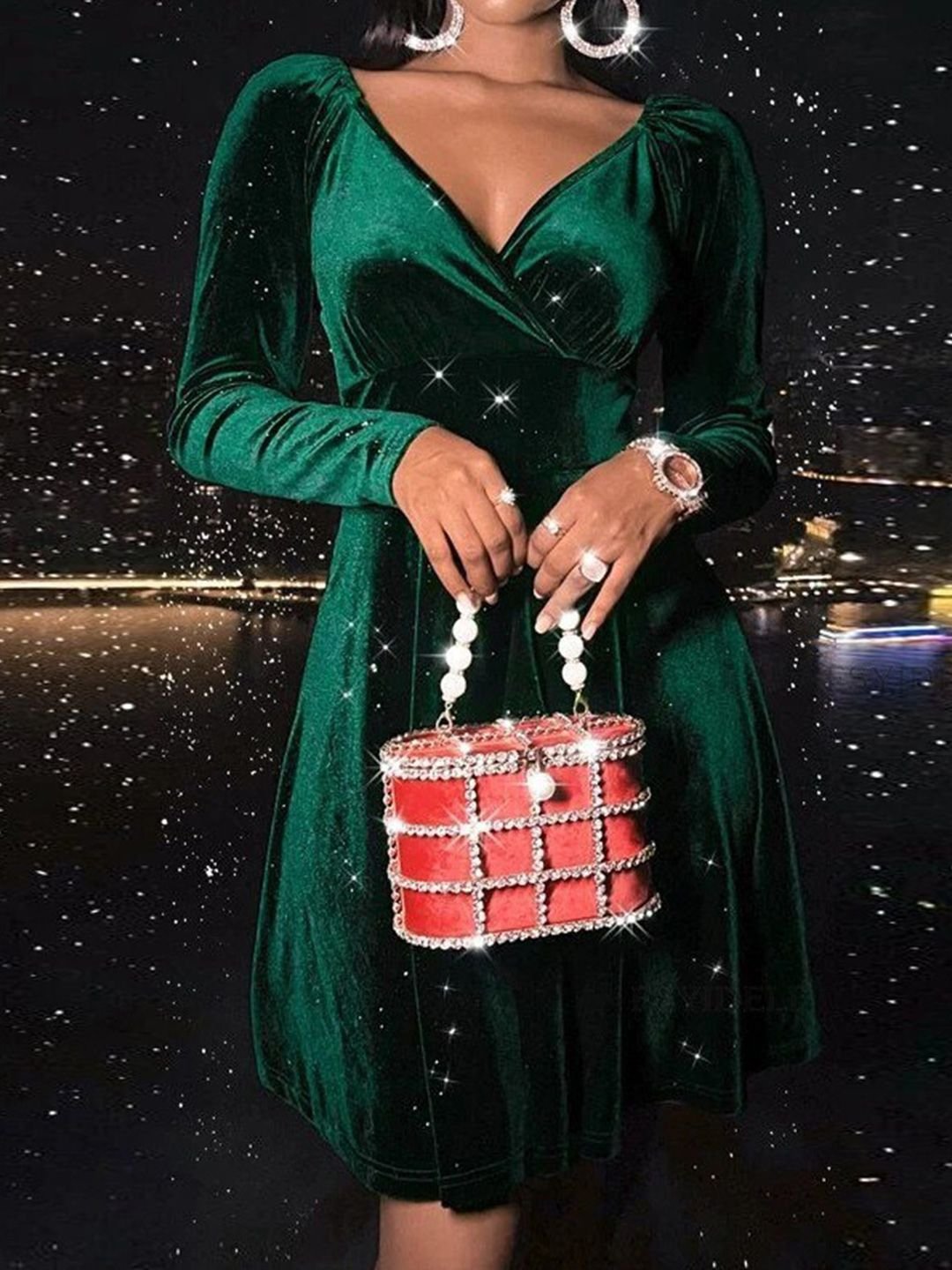 Emerald Velvet Long Sleeve Fit and Flare Midi Dress