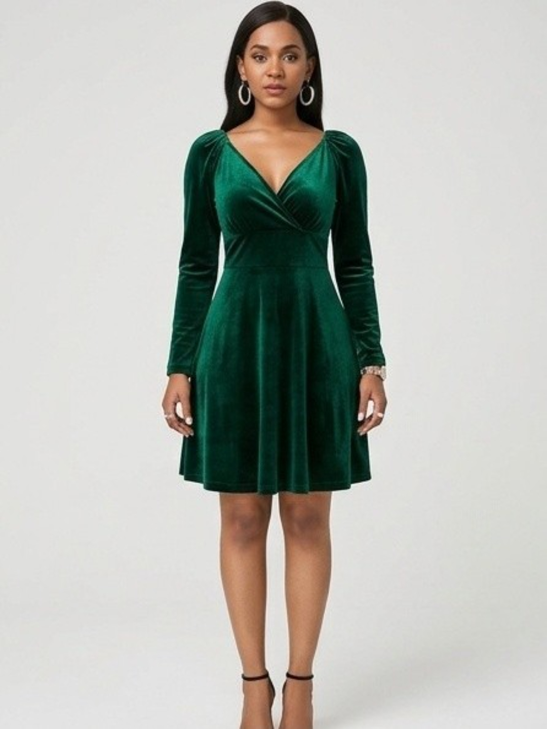 Emerald Velvet Long Sleeve Fit and Flare Midi Dress