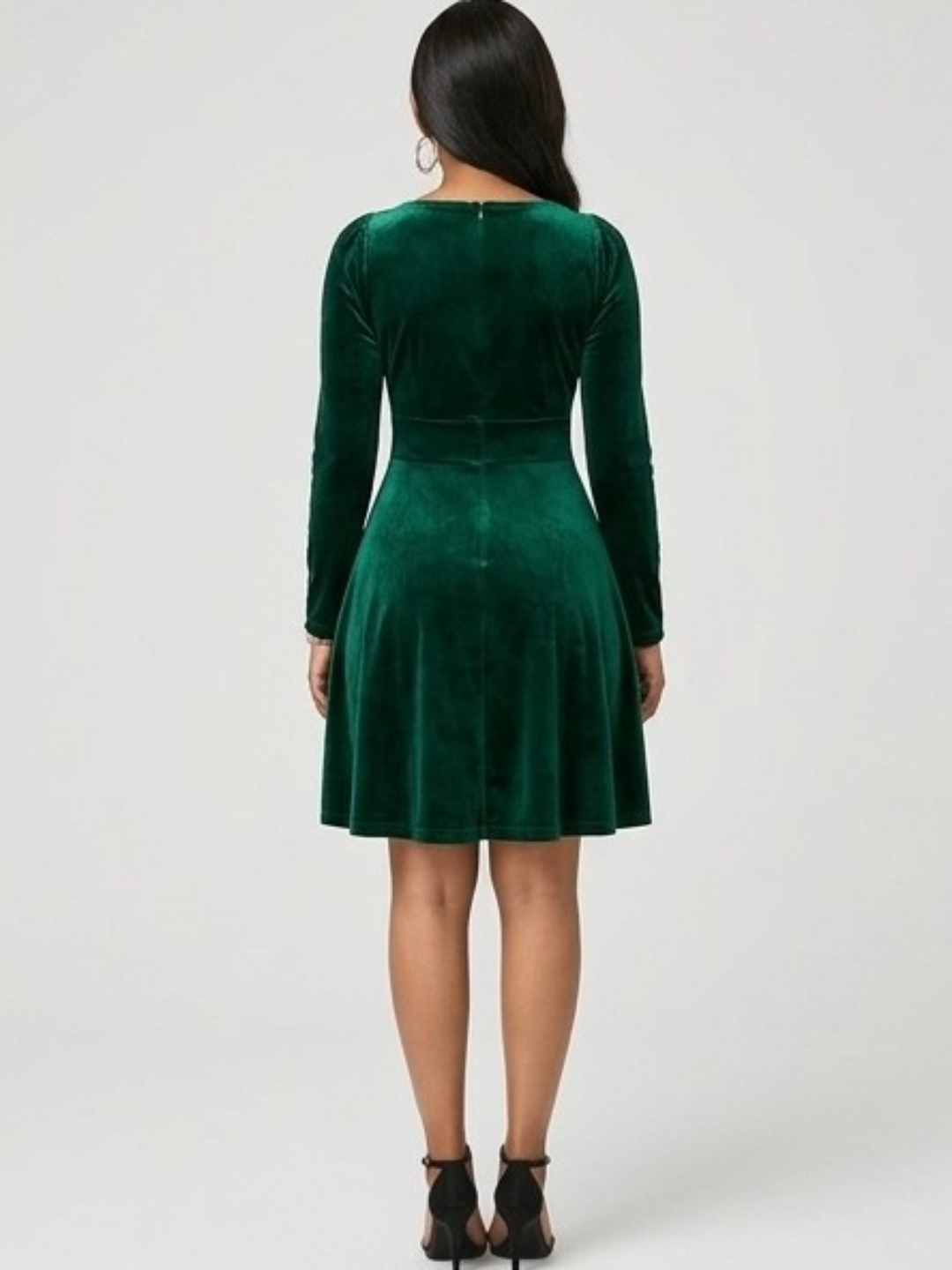 Emerald Velvet Long Sleeve Fit and Flare Midi Dress