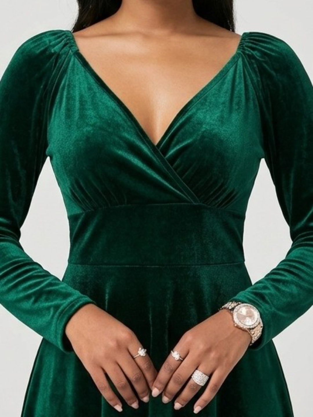 Emerald Velvet Long Sleeve Fit and Flare Midi Dress