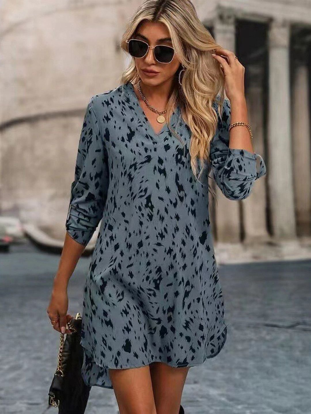 Multi-Print Tunic Mini Dress with 3/4 Sleeves