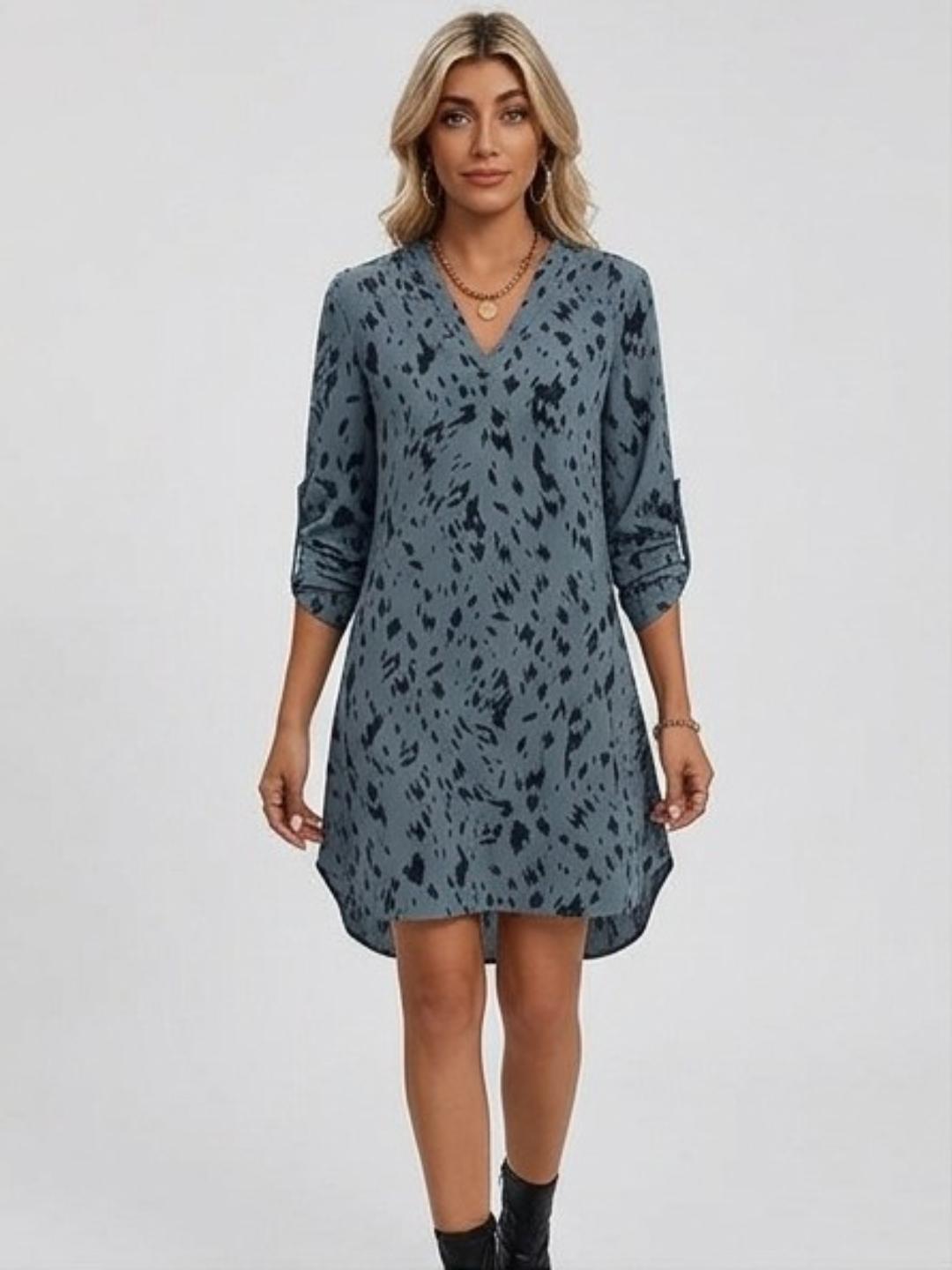 Multi-Print Tunic Mini Dress with 3/4 Sleeves