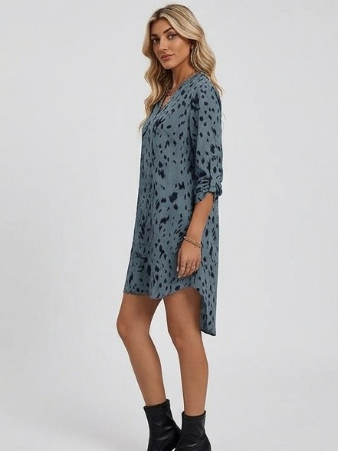Multi-Print Tunic Mini Dress with 3/4 Sleeves