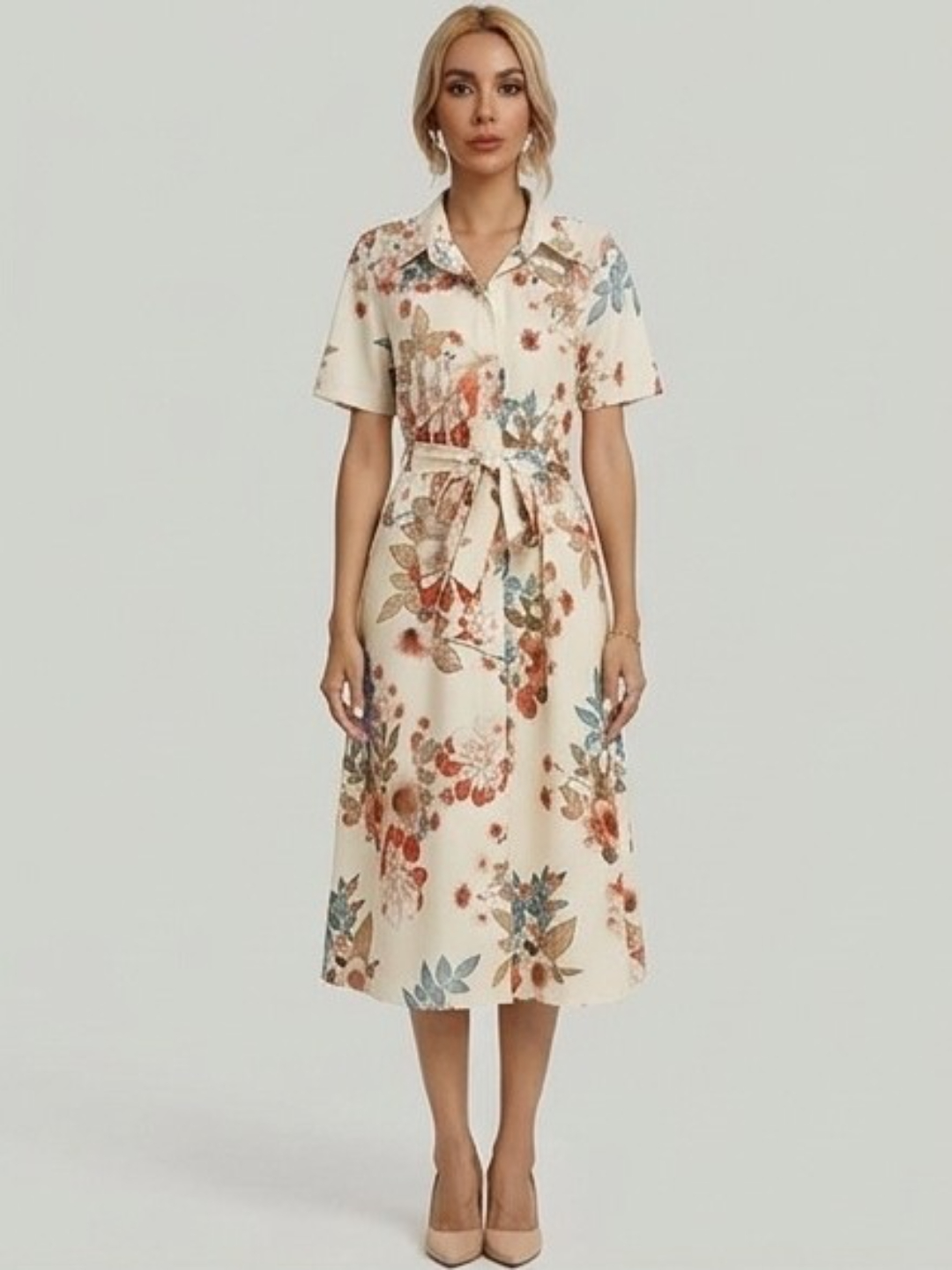 Multi Floral Print Midi Shirt Dress with Short Sleeves
