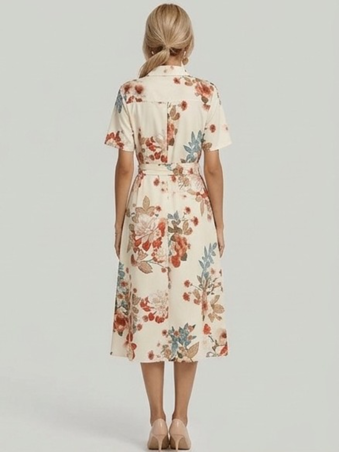 Multi Floral Print Midi Shirt Dress with Short Sleeves