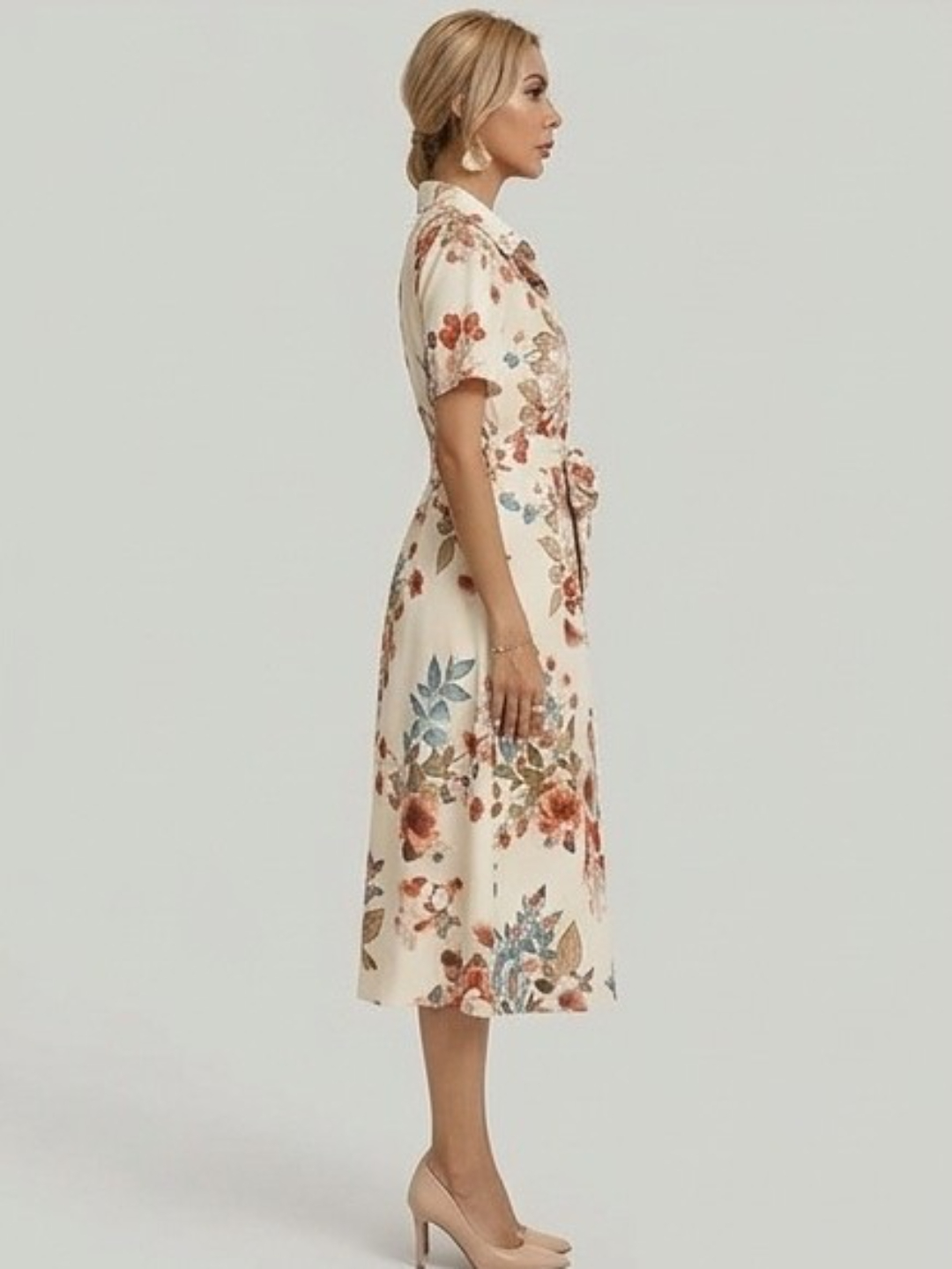 Multi Floral Print Midi Shirt Dress with Short Sleeves