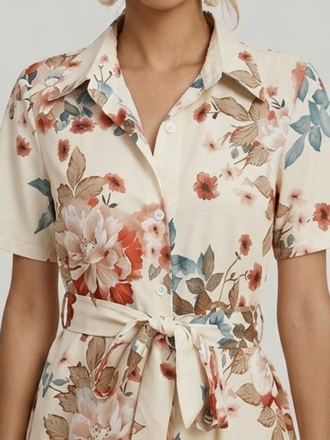 Multi Floral Print Midi Shirt Dress with Short Sleeves