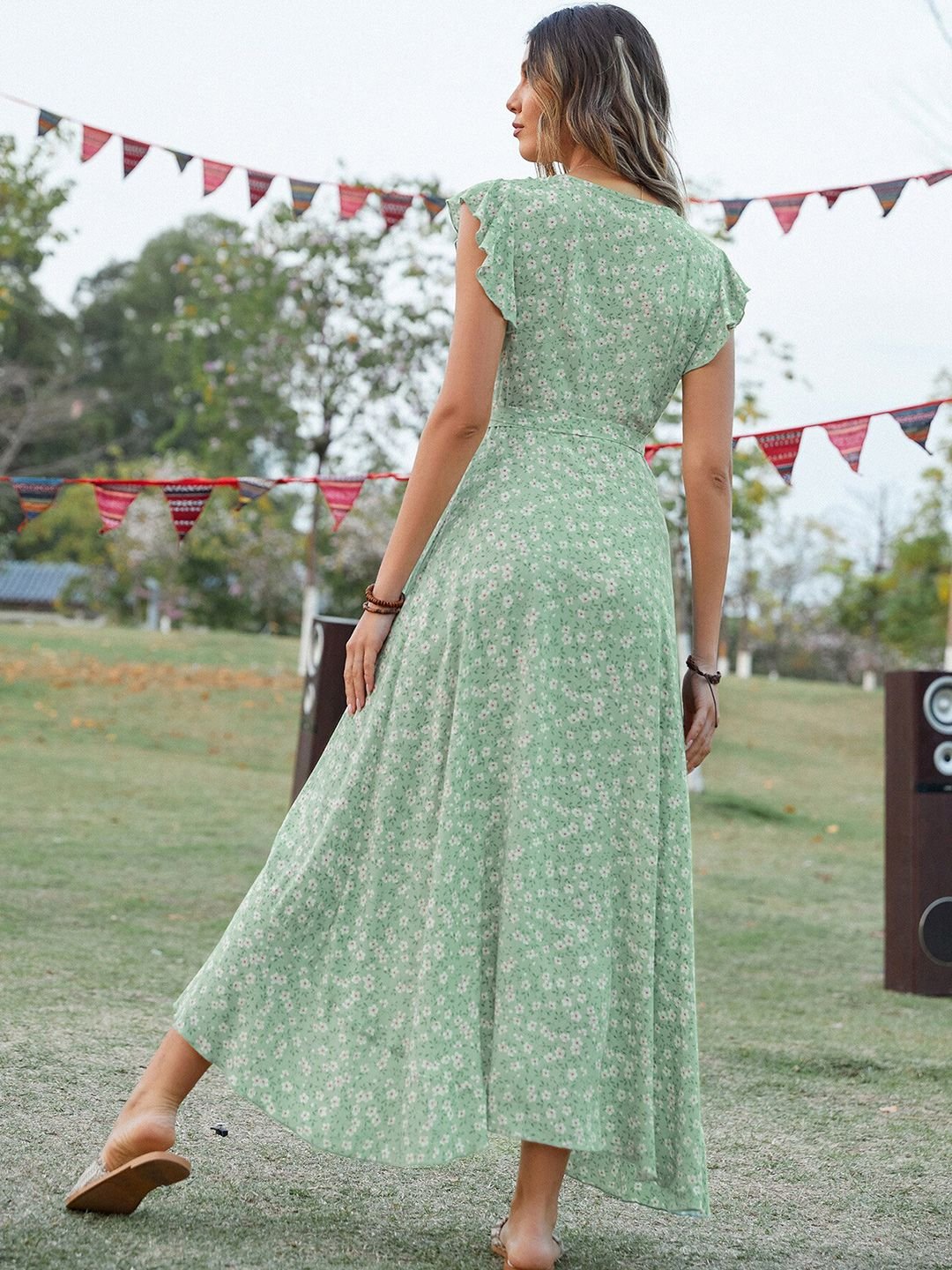 Multi-Color Floral Wrap Maxi Dress with Short Sleeves