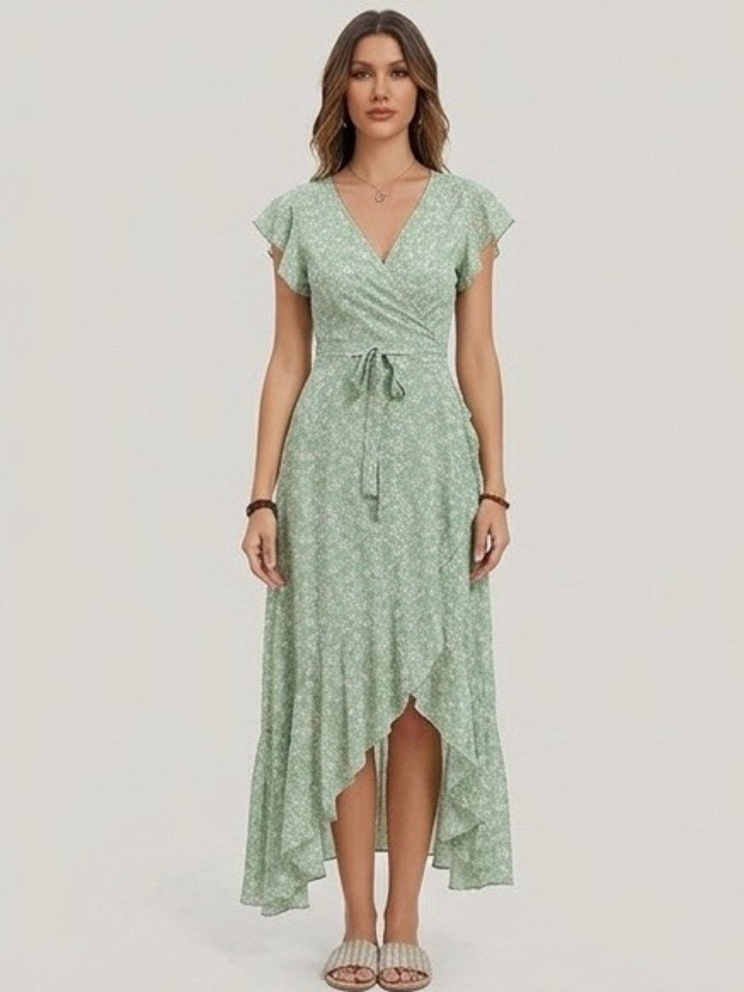 Multi-Color Floral Wrap Maxi Dress with Short Sleeves