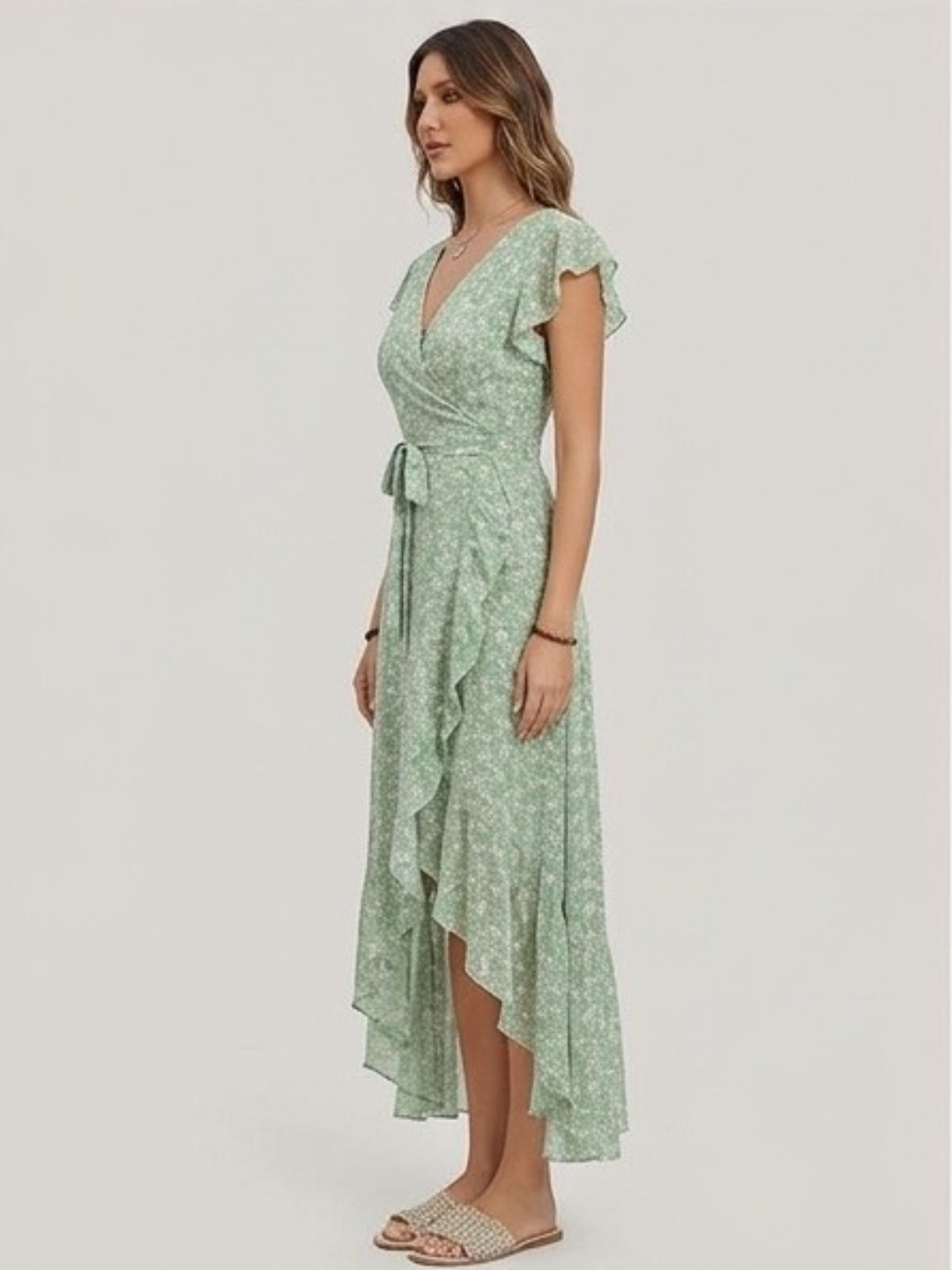 Multi-Color Floral Wrap Maxi Dress with Short Sleeves