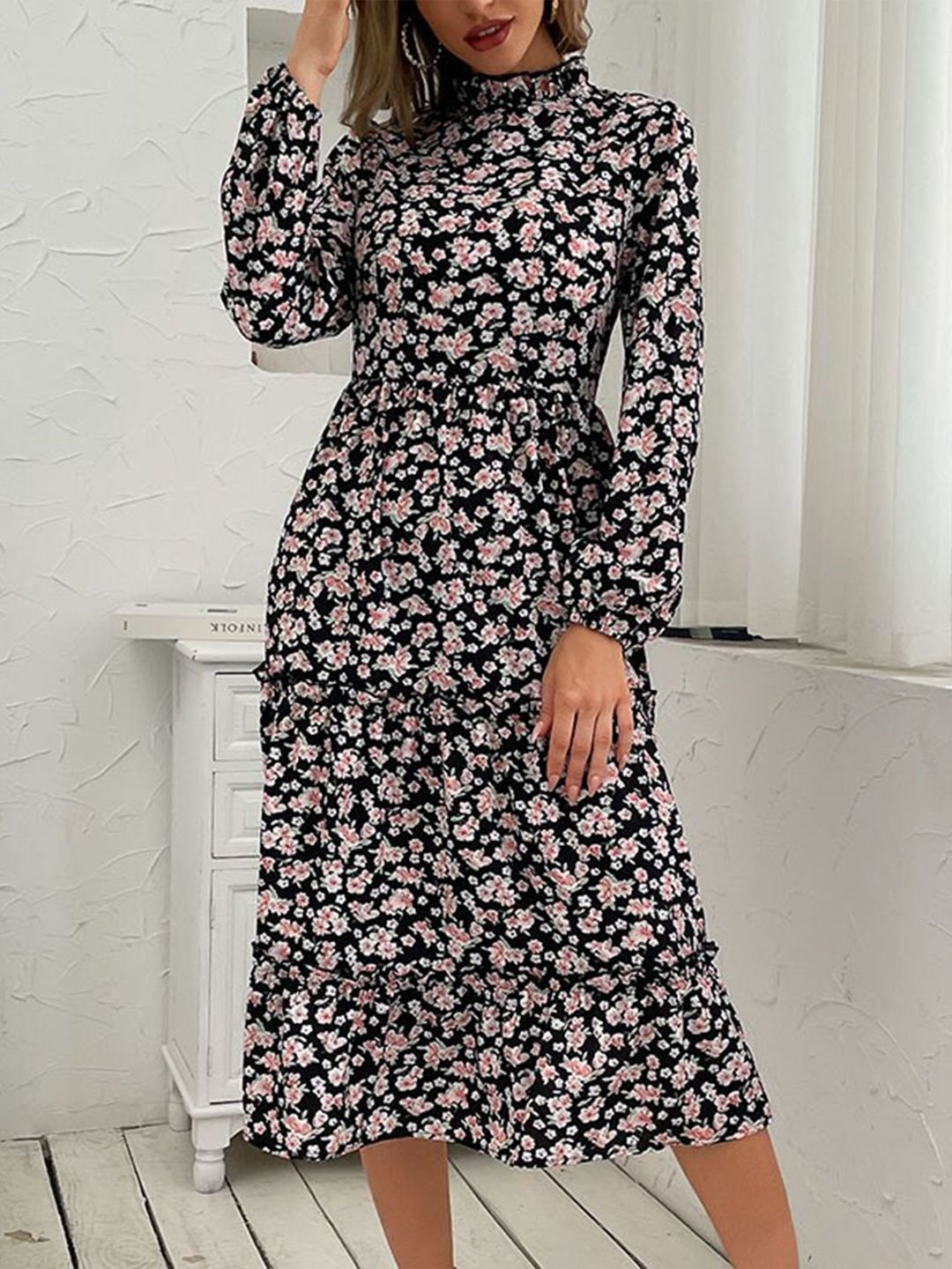 Multi Floral Midi A-Line Dress with Long Sleeves