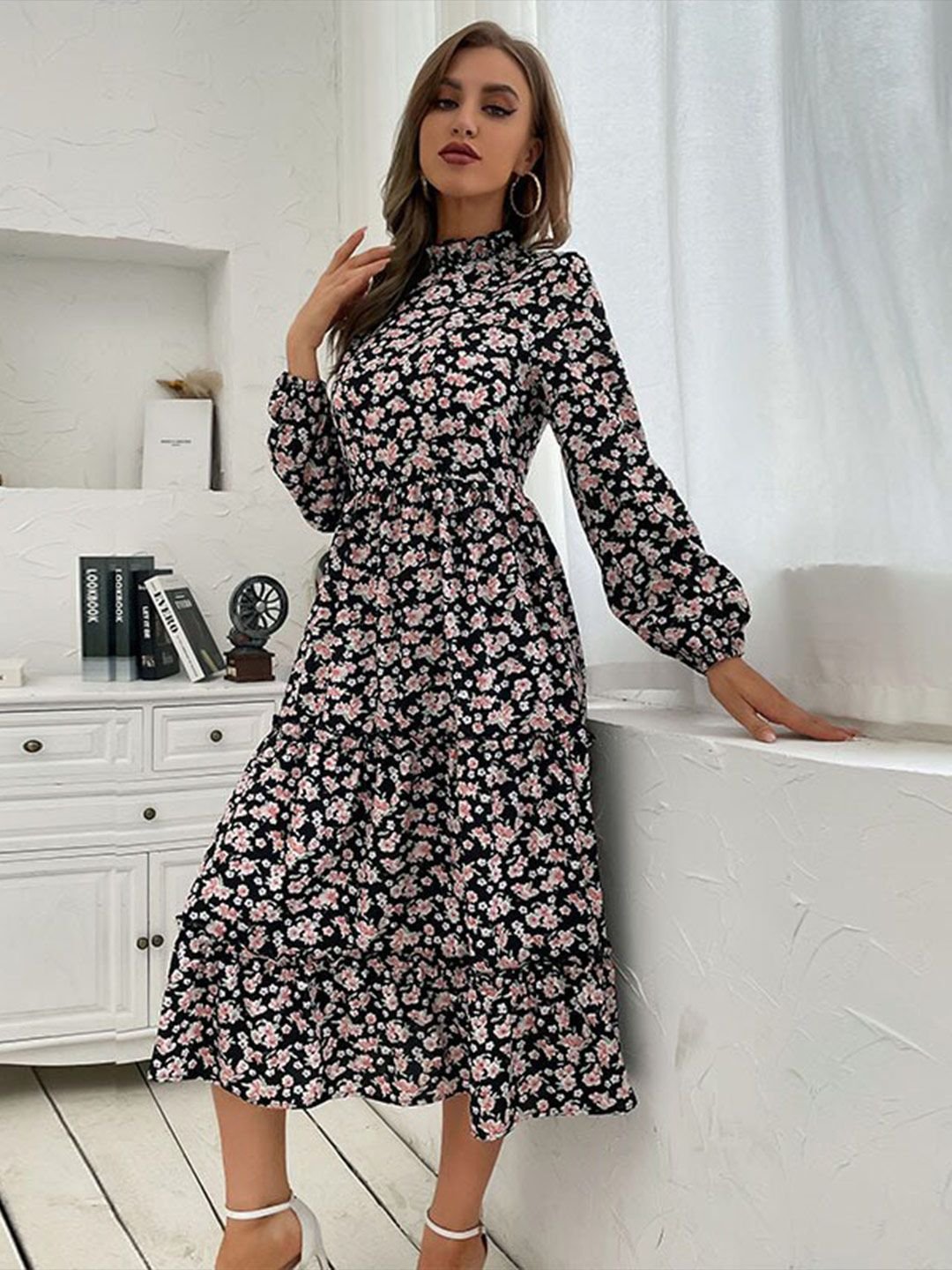 Multi Floral Midi A-Line Dress with Long Sleeves