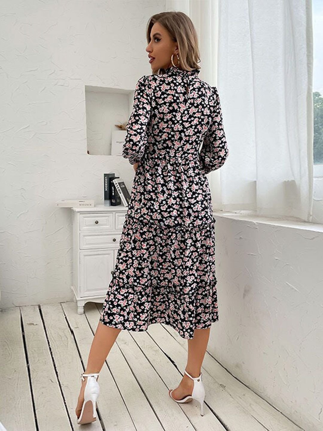 Multi Floral Midi A-Line Dress with Long Sleeves