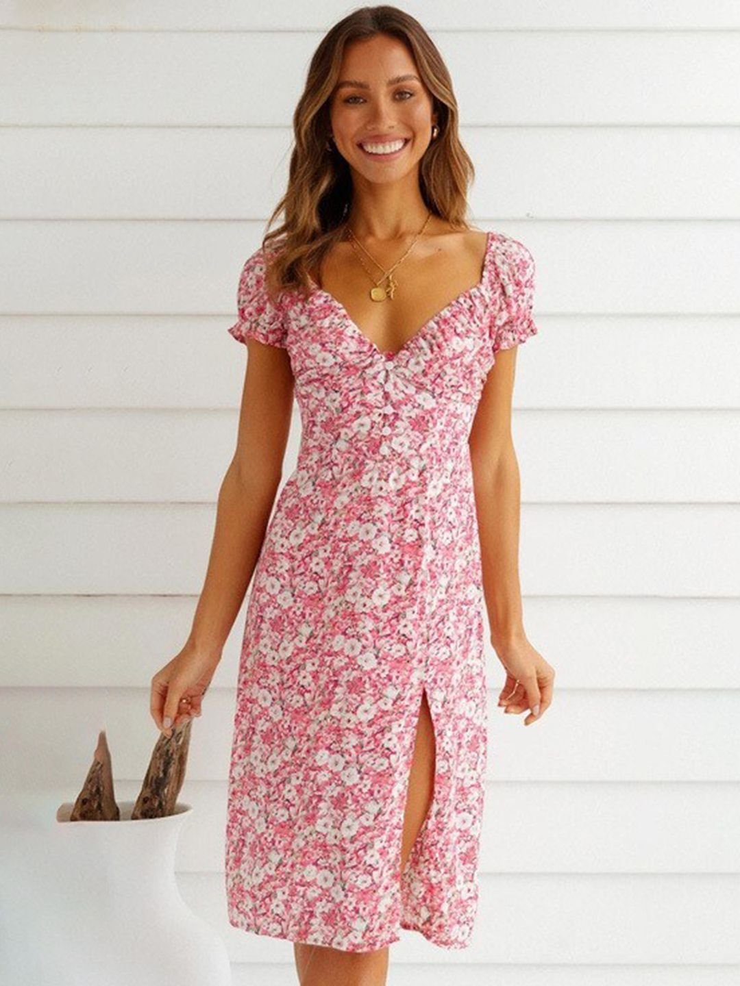 Floral Print Short Sleeve Bodycon Knee-Length Dress
