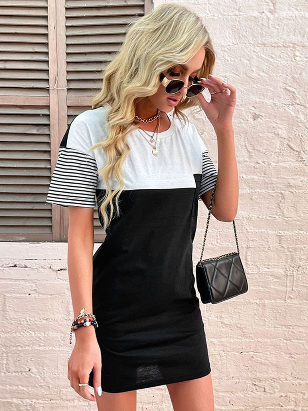 Multi-Color Block Mini Bodycon Dress with Short Sleeves