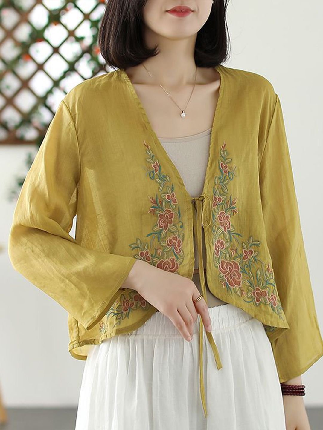 Yellow Embroidered Kimono Top