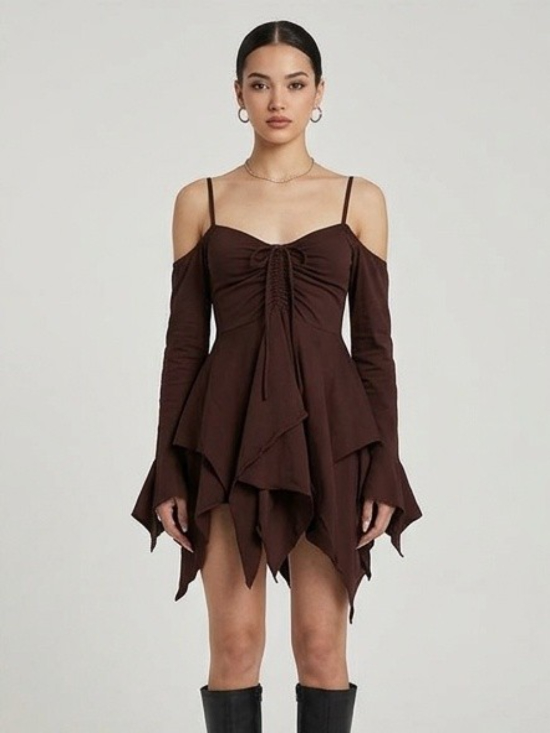 Brown A-Line Mini Dress with Long Sleeves