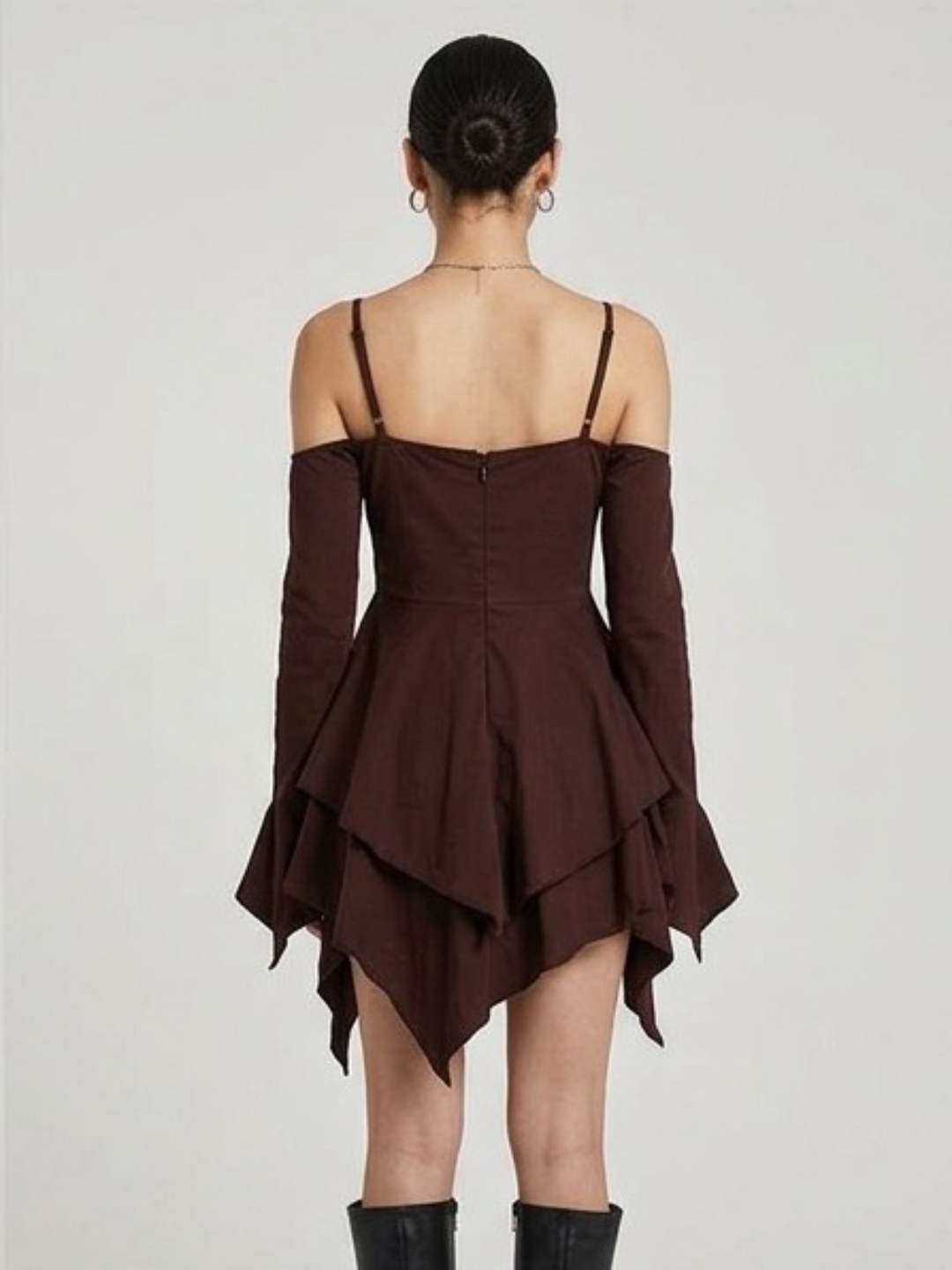 Brown A-Line Mini Dress with Long Sleeves