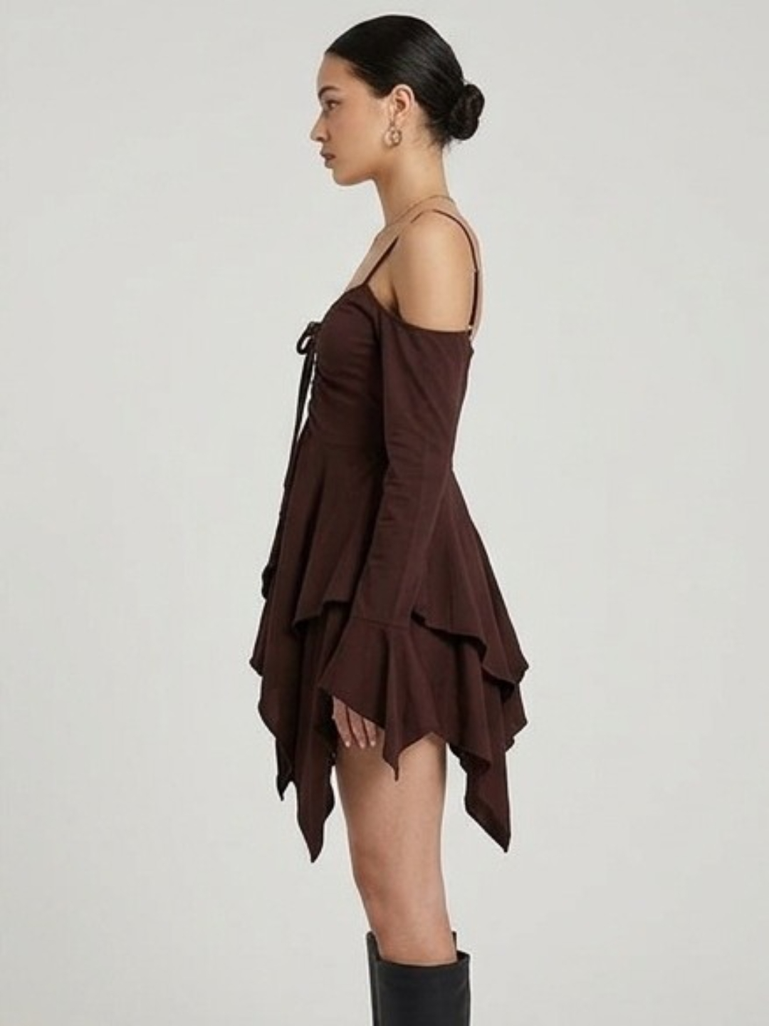 Brown A-Line Mini Dress with Long Sleeves