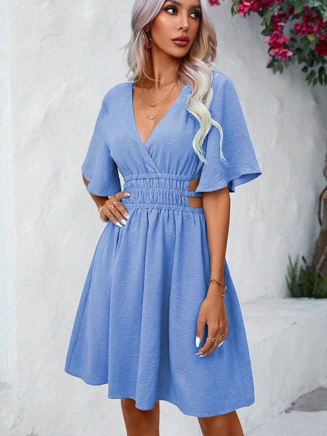 Blue A-Line Dress with Short Sleeves