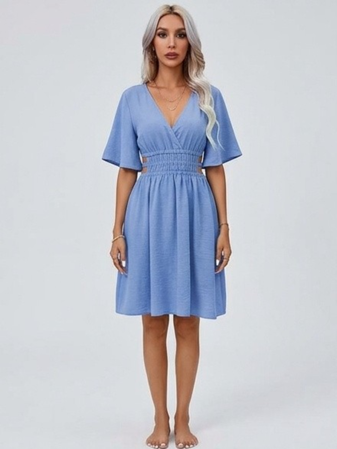 Blue A-Line Dress with Short Sleeves