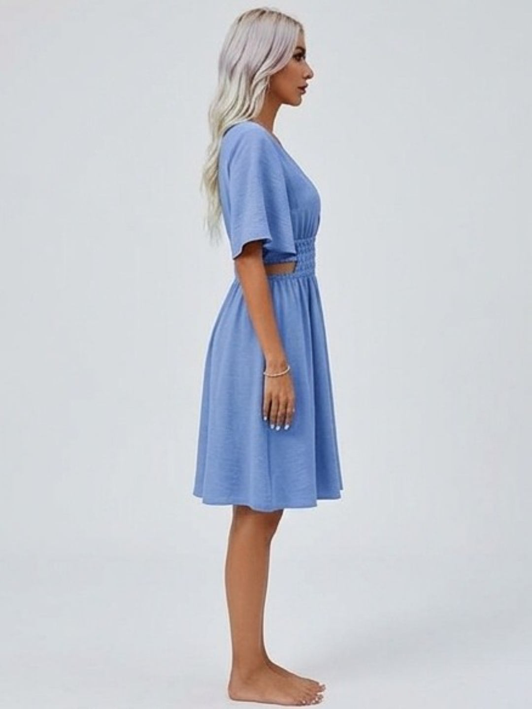 Blue A-Line Dress with Short Sleeves
