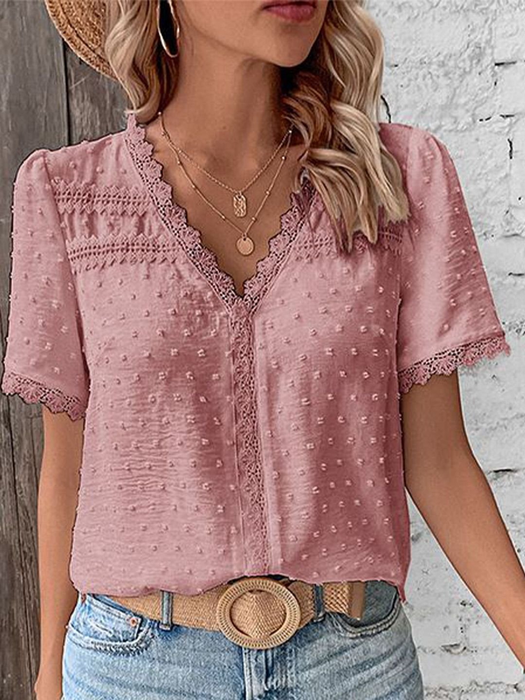 Grey Short Sleeve V-Neck Embellished Top
