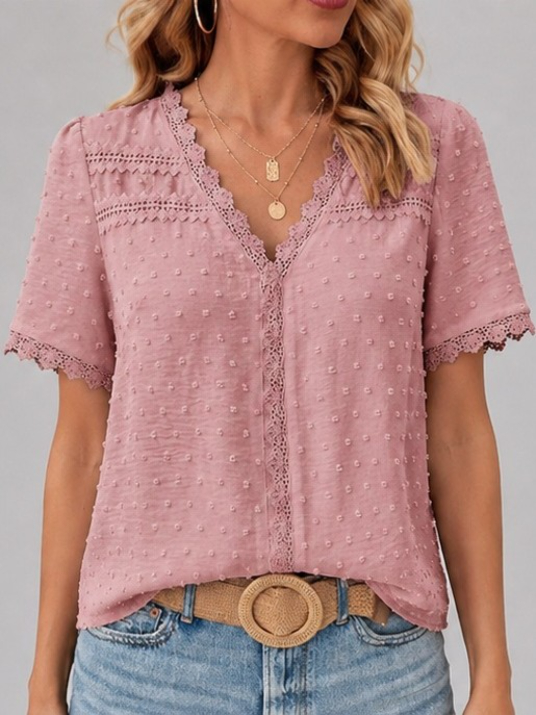 Grey Short Sleeve V-Neck Embellished Top