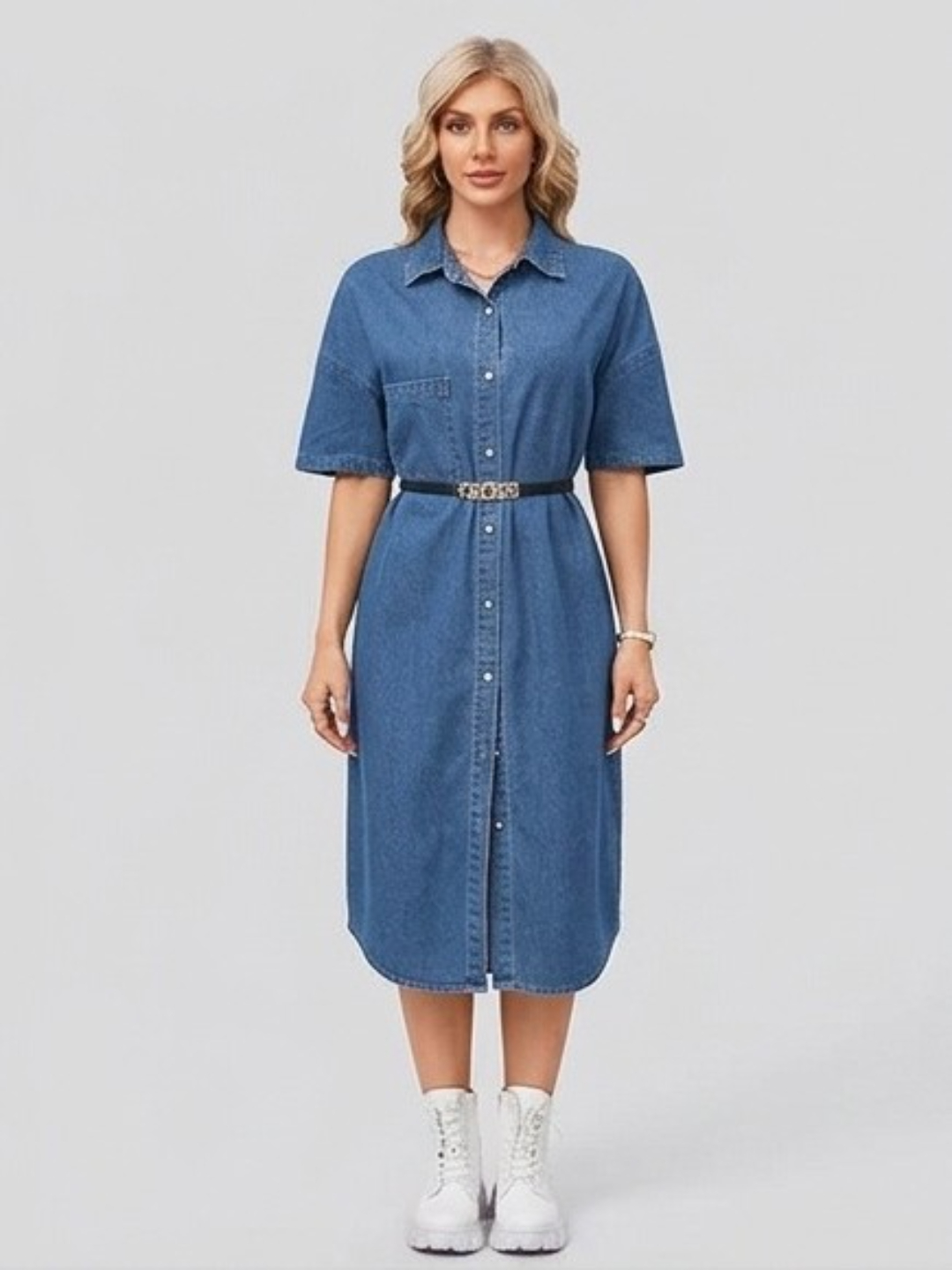 Blue Denim Short Sleeve Shirt Midi Dress