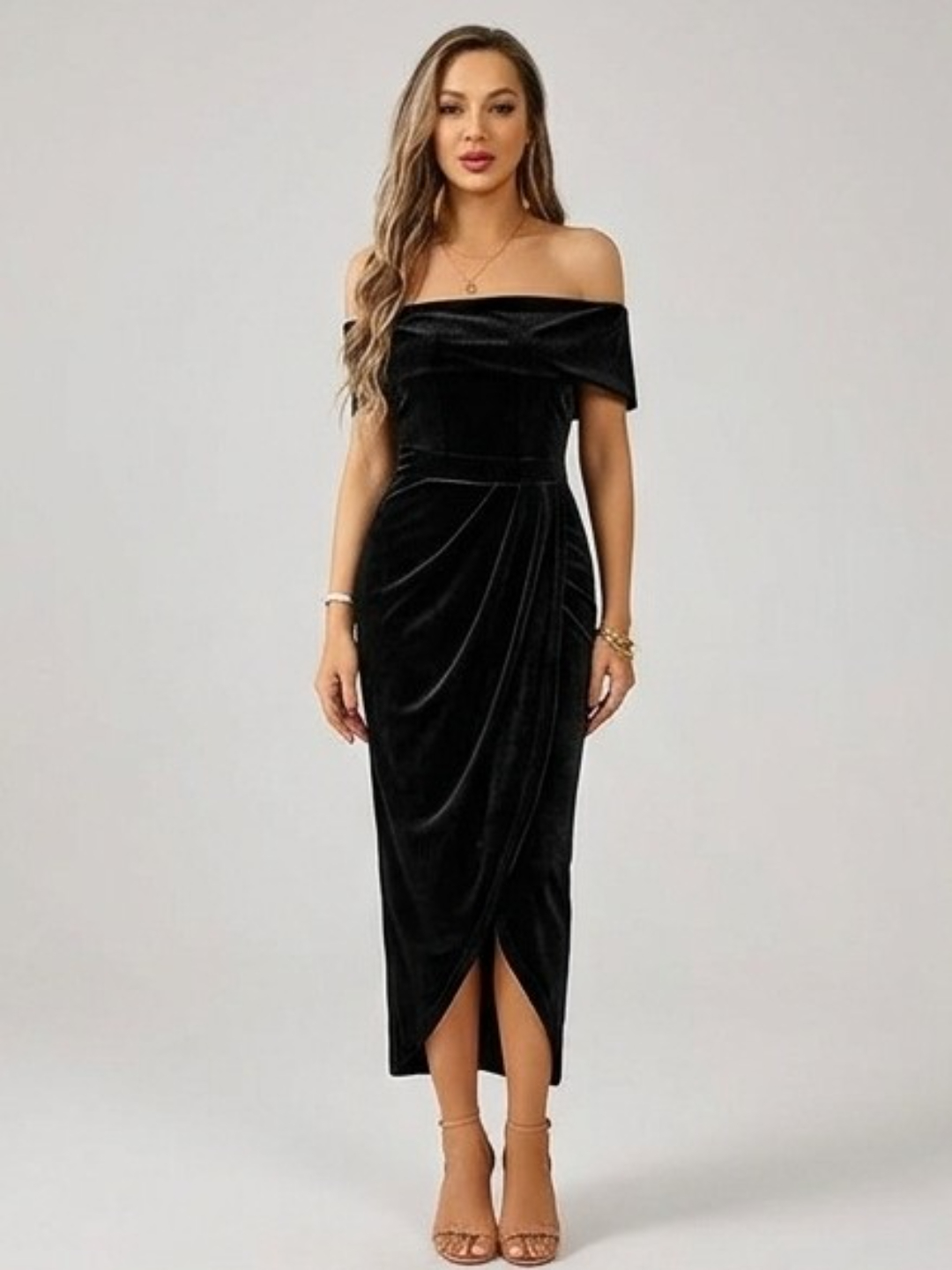 Black Velvet Off-Shoulder Bodycon Maxi Dress