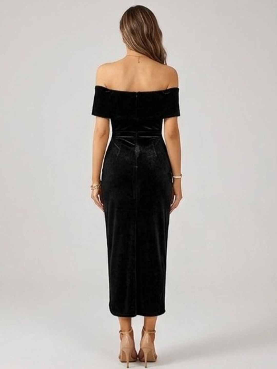 Black Velvet Off-Shoulder Bodycon Maxi Dress