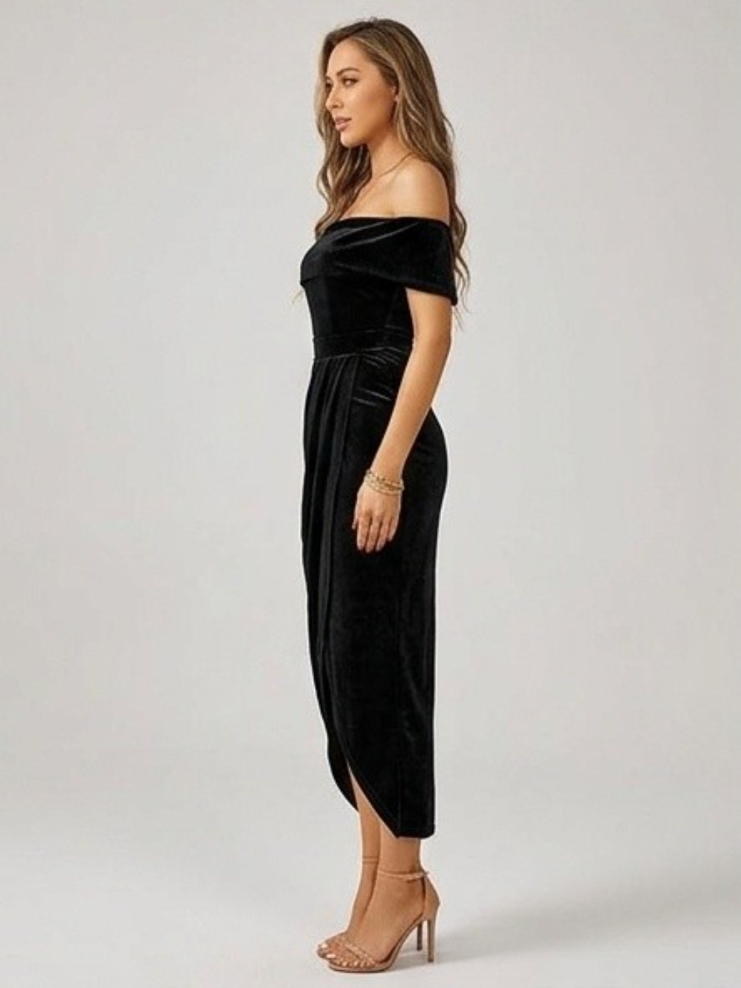 Black Velvet Off-Shoulder Bodycon Maxi Dress